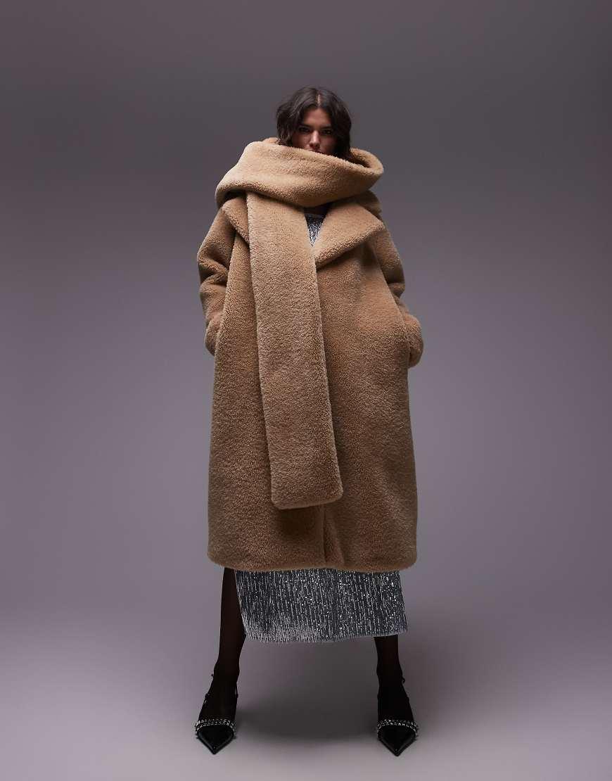 TOPSHOP Super Oversized Statement Borg Coat With Hooded Scarf in