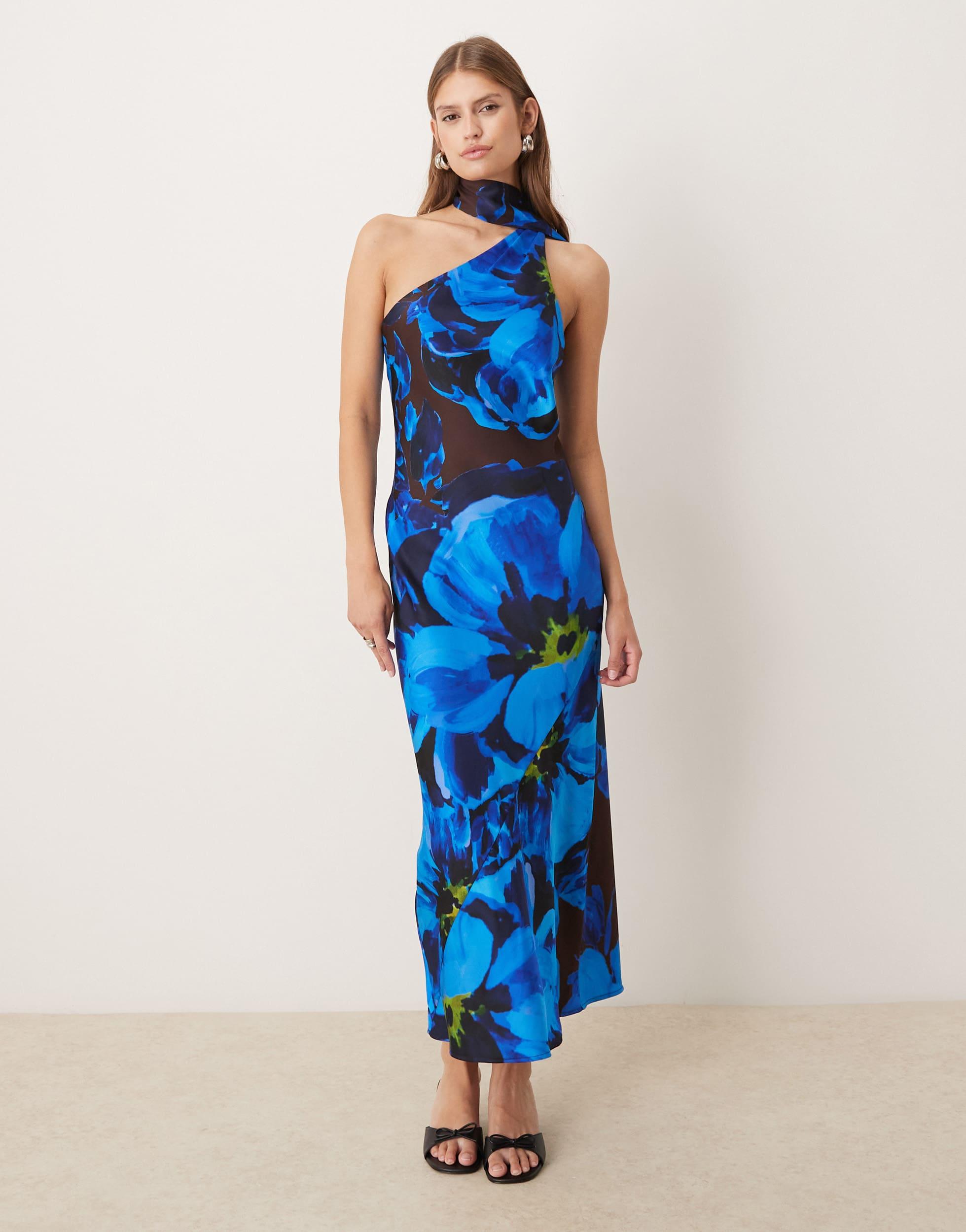 one shoulder scarf print dress One-shoulder cover-up dress in printed silk with scarf bottom Multicoloured