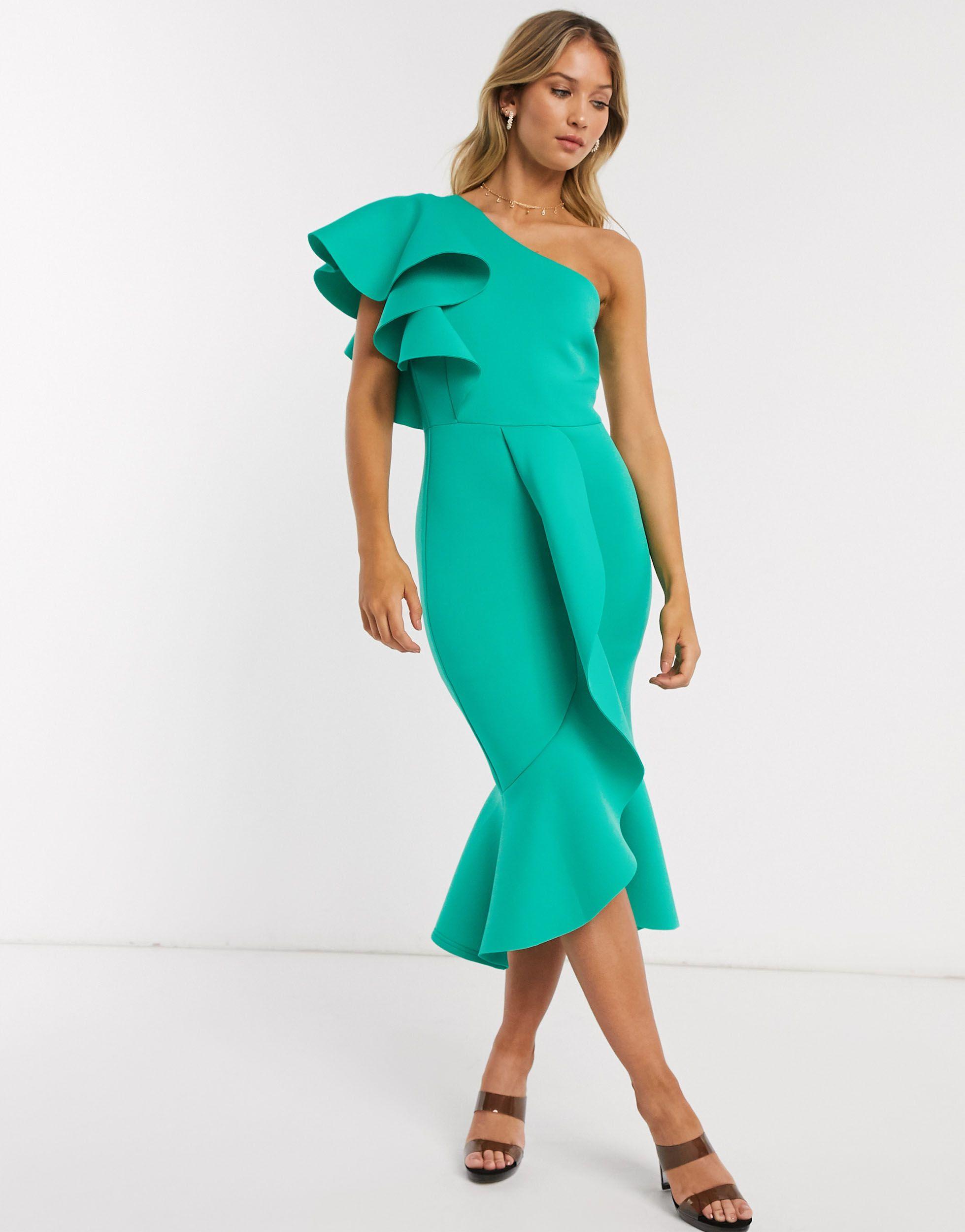 True Violet Exclusive One Shoulder Ruffle Midi Dress in Green | Lyst