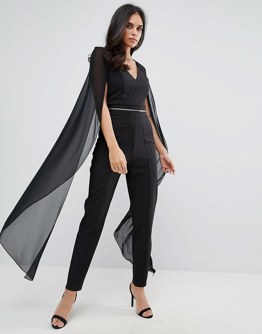 Forever Unique Jumpsuit With Chiffon Cape in Black - Lyst