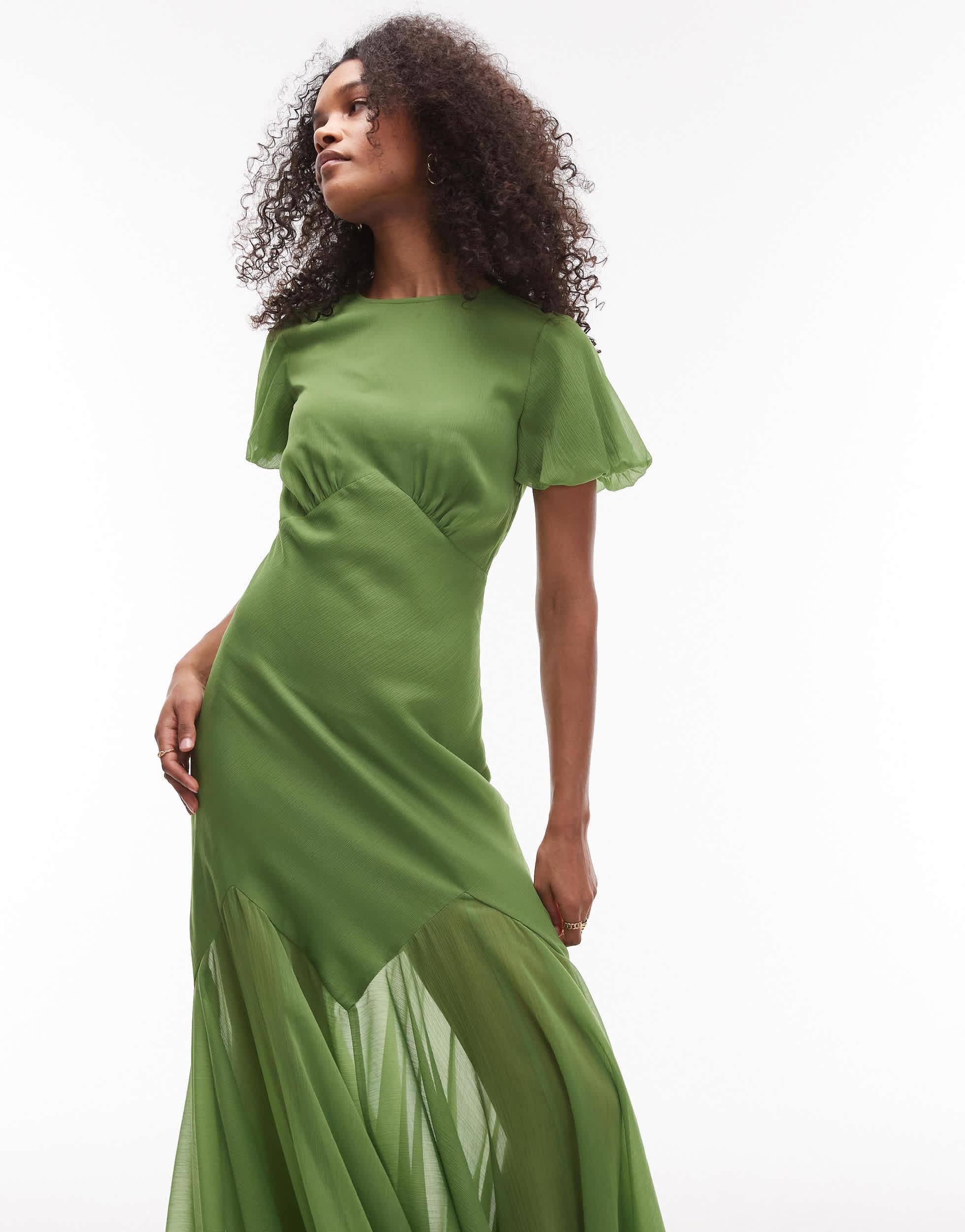TOPSHOP Ruffle Sleeve Volume Hem Maxi Dress in Green | Lyst