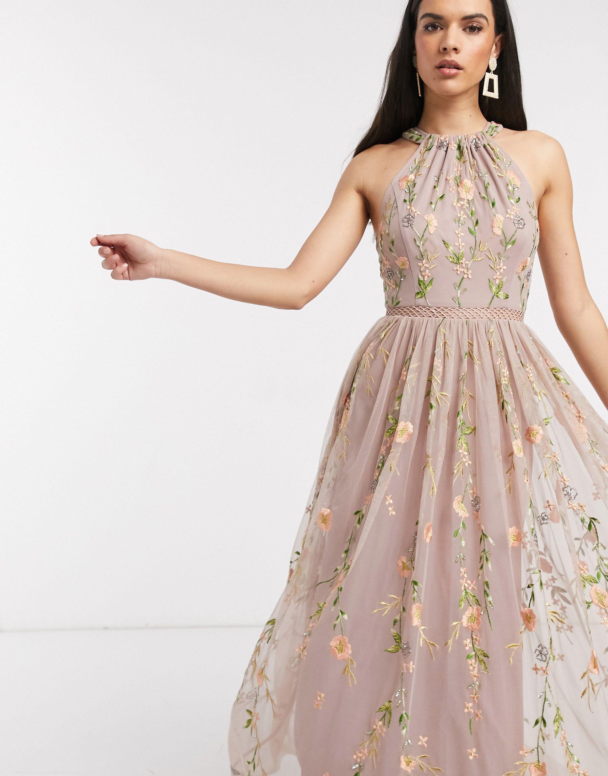 ASOS Halterneck Pretty Embroidered Floral And Sequin Mesh Maxi