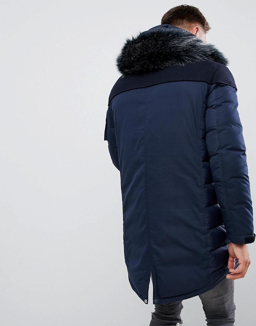 armani exchange long down parka with faux fur trim in navy