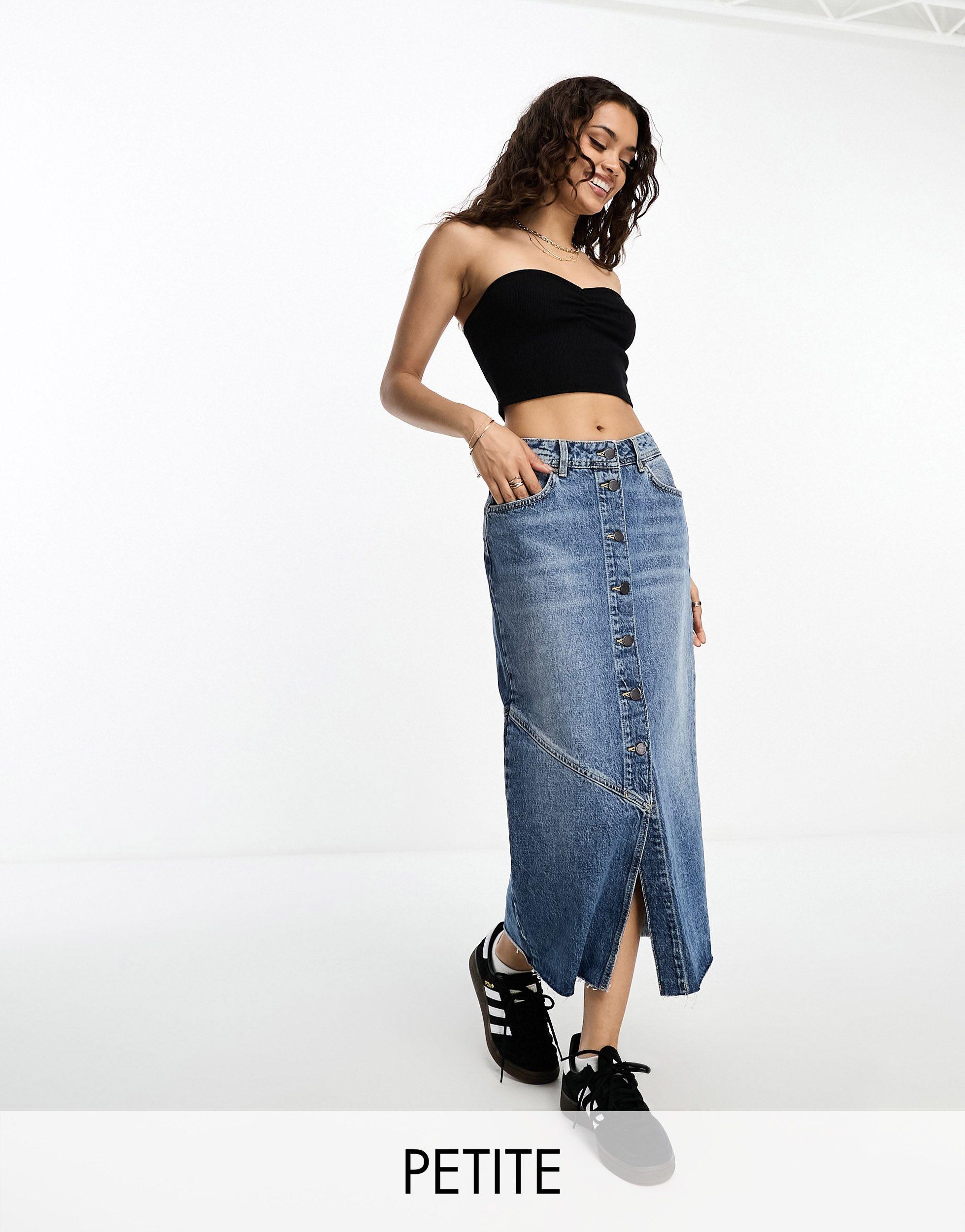 Only Petite Denim Maxi Rok Met Knoopsluiting in het Blauw Lyst NL