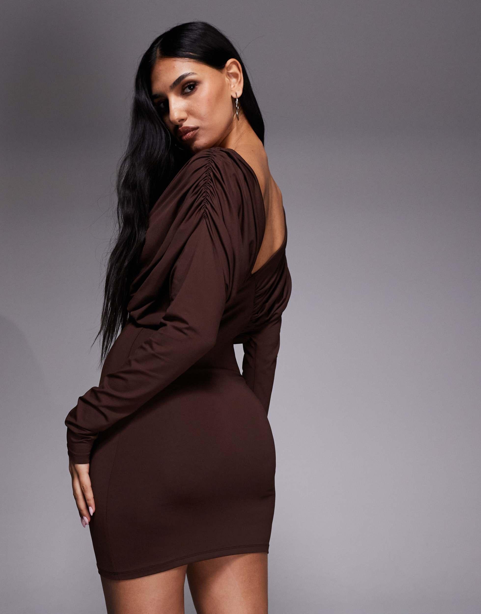 ASOS Ruched Batwing Long Sleeve Mini Dress in Brown | Lyst