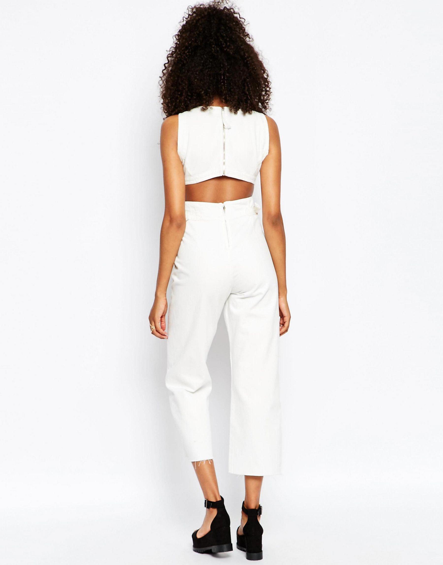 ASOS Denim Wide Leg Cut Out Jumpsuit In White in White Lyst
