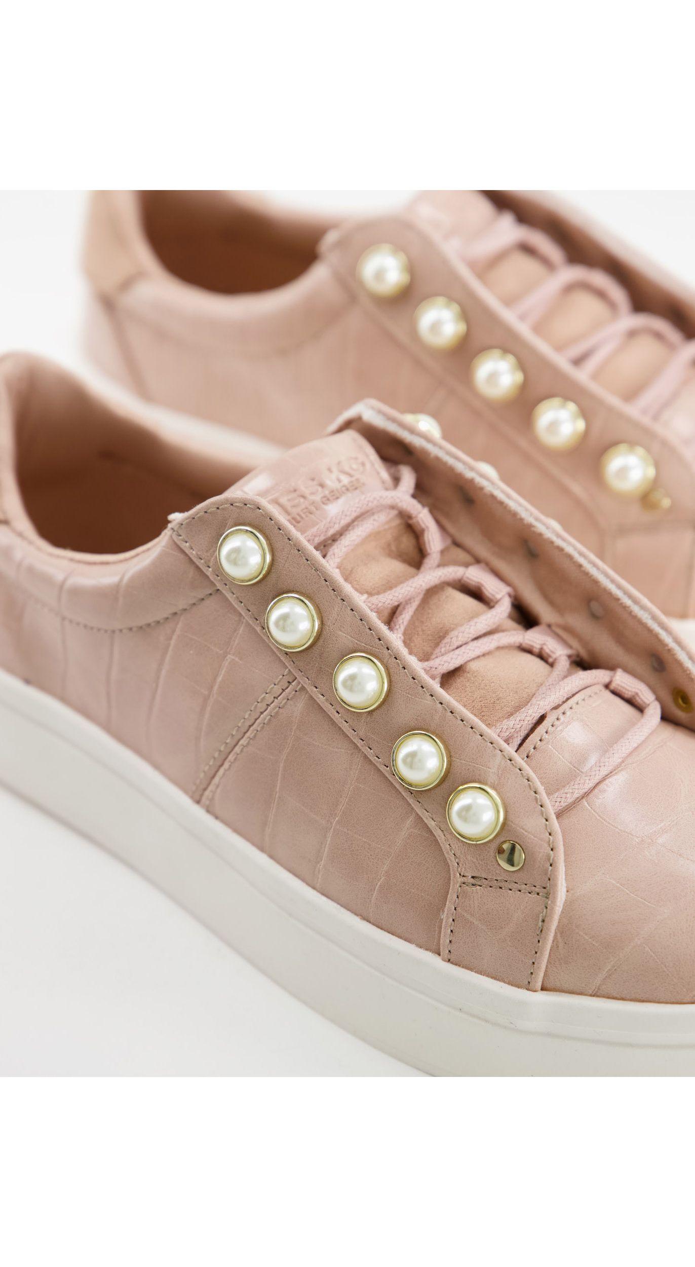 Miss Kg Kassie Pearl Lace-up Trainers With Pearl Detail in White