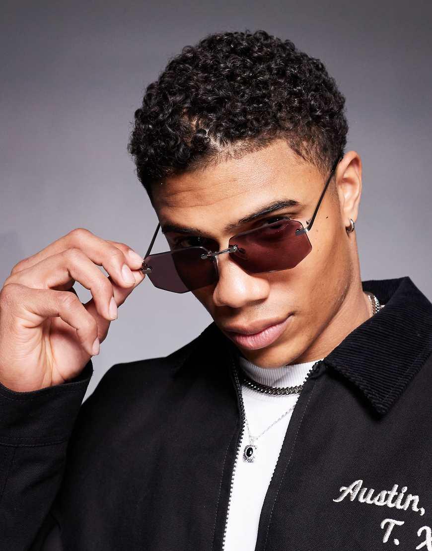 ASOS Rectangle Rimless Sunglasses With Burgundy Lenses And Matte