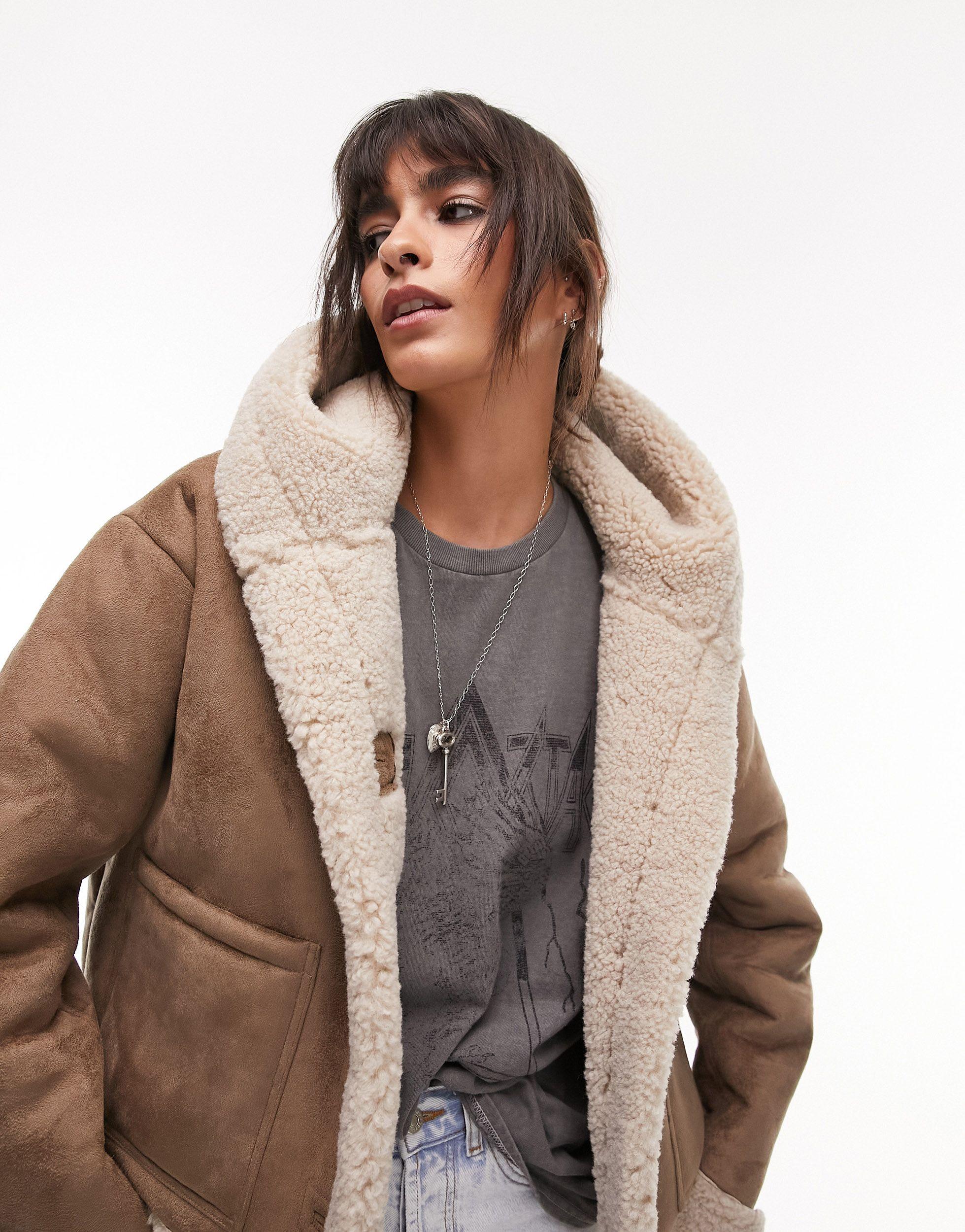TOPSHOP Faux Suede Shearling Hooded Cropped Car Coat With Borg Lining ...