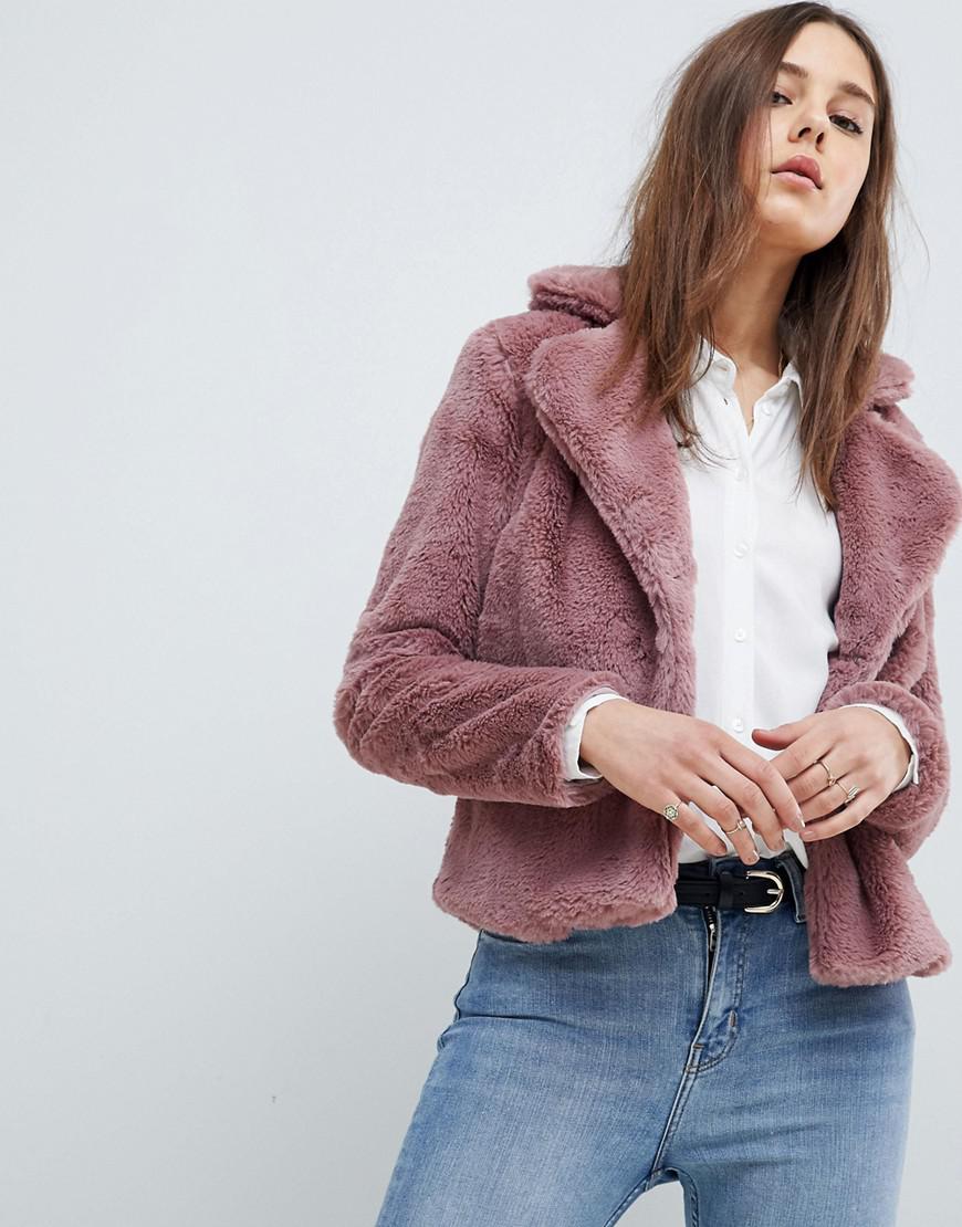 pink crop faux fur jacket