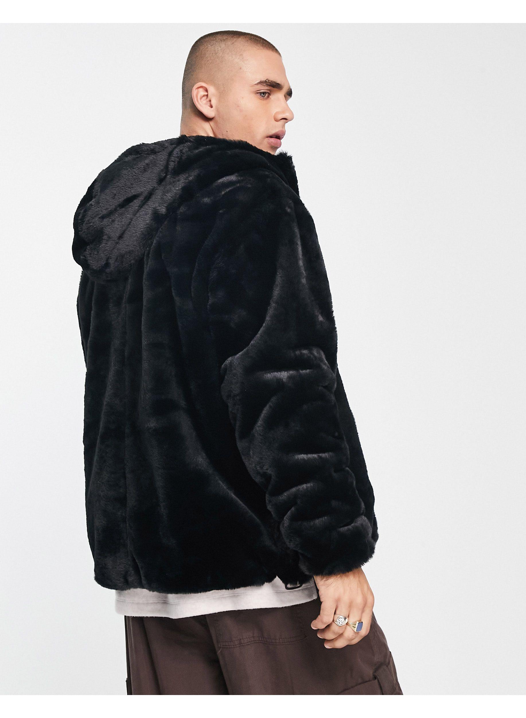 Bershka Faux Fur Hooded Jacket in Black for Men | Lyst