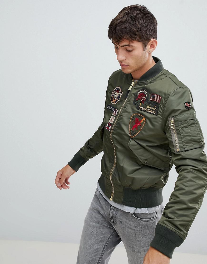 schott nylon badge bomber jacket slim fit in green