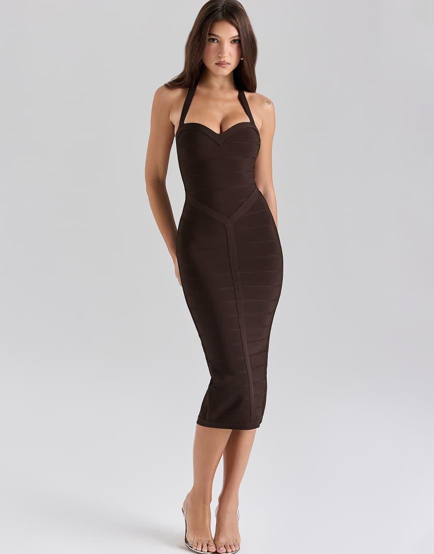 brown bandage dress Bebe Women's ColorBlock Midi The high neckline and cap sleeves create a balanced silhouette thats both refined and contemporary Bandage Strappy Cutout Mini Dress