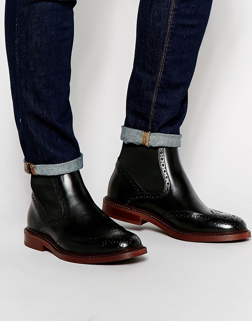 ASOS Brogue Chelsea Boots In Black Leather With Chunky Sole - Black for ...