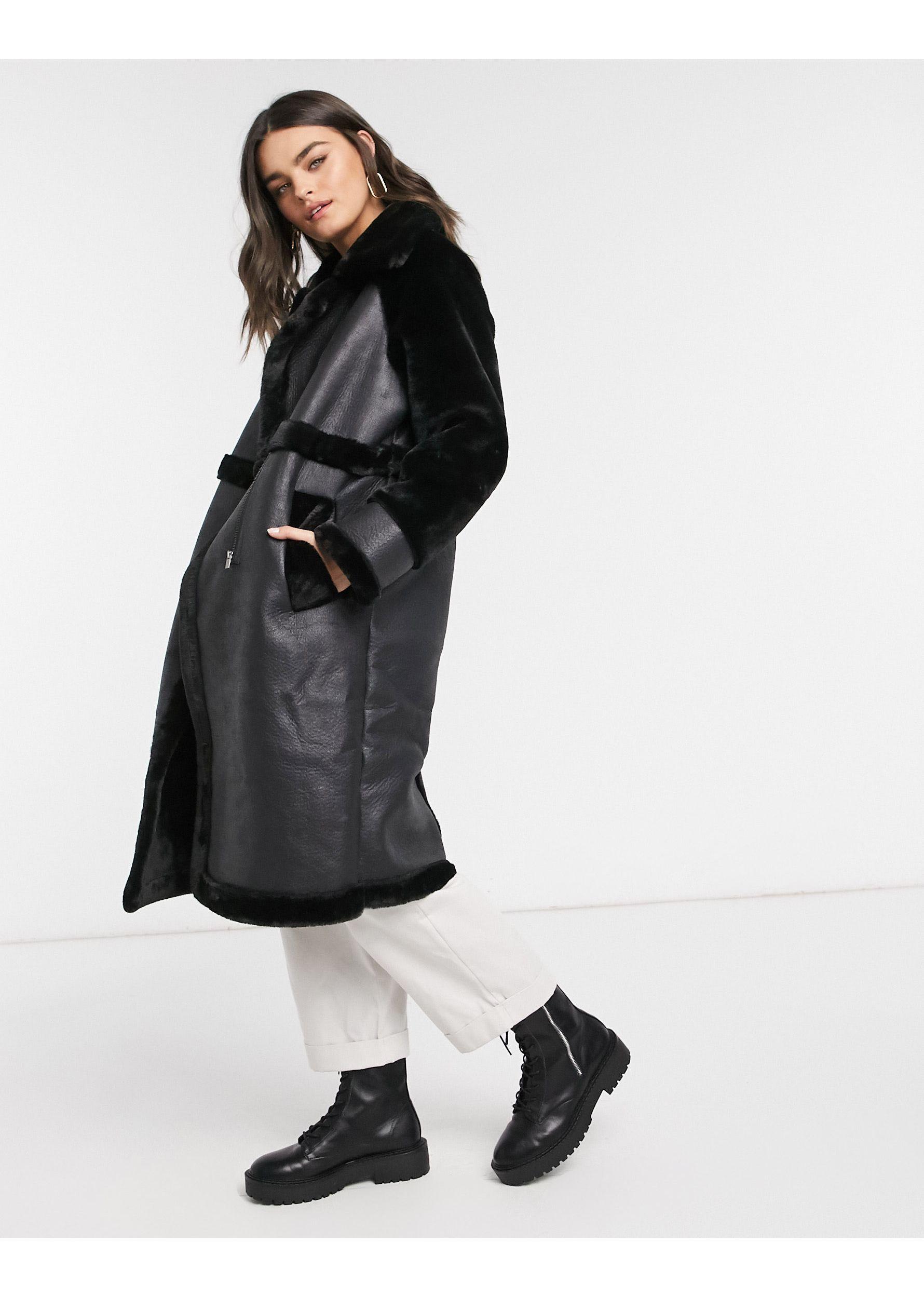 Vila Longline Oversized Faux Fur Coat With Panelled Detail in Black - Lyst