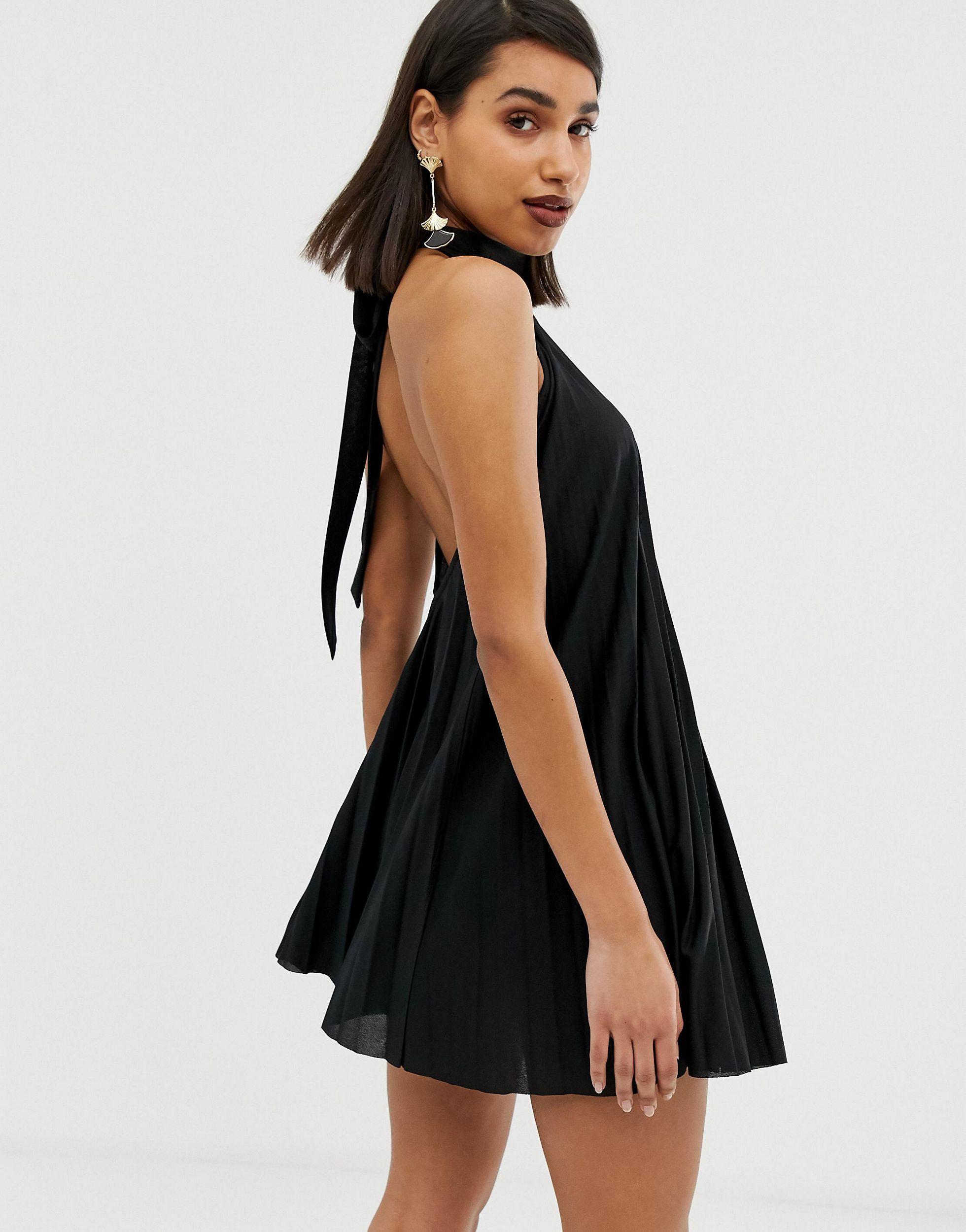 ASOS Backless Halter Pleated Mini Dress in Black
