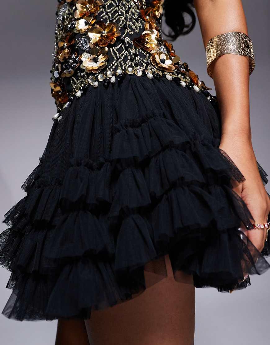 ASOS 3d Floral Embellished Mini Dress With Tulle Skirt in Black Lyst UK