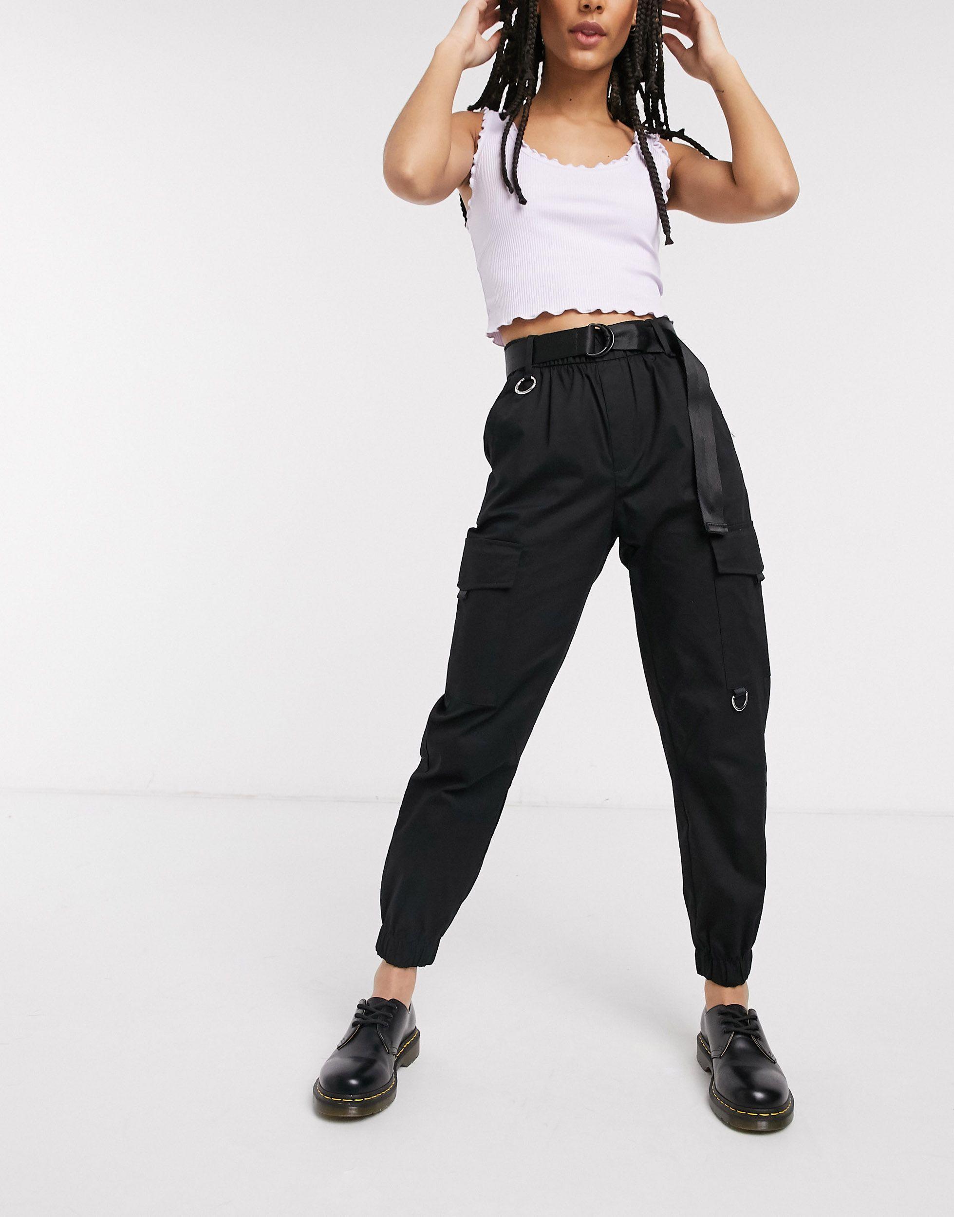 Bershka Denim Cargo Pants With Belt in Black | Lyst Australia