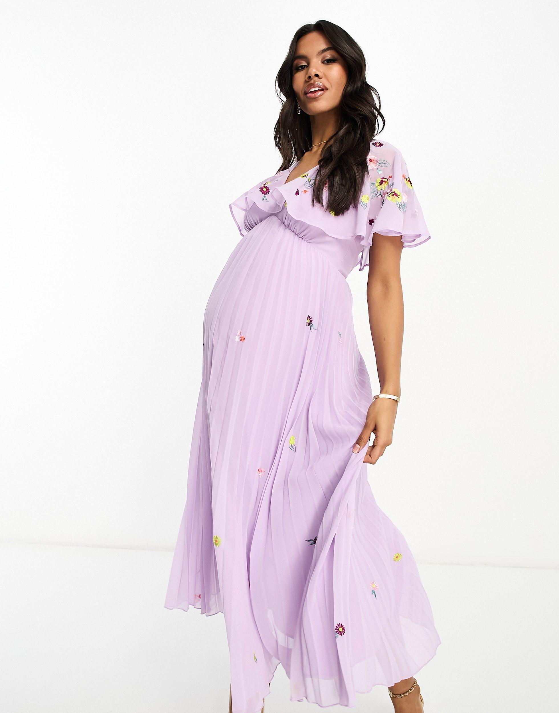 ASOS Asos Design Maternity V-neck Angel Sleeve Pleat Midi Dress With All  Over Embroidery in Purple | Lyst