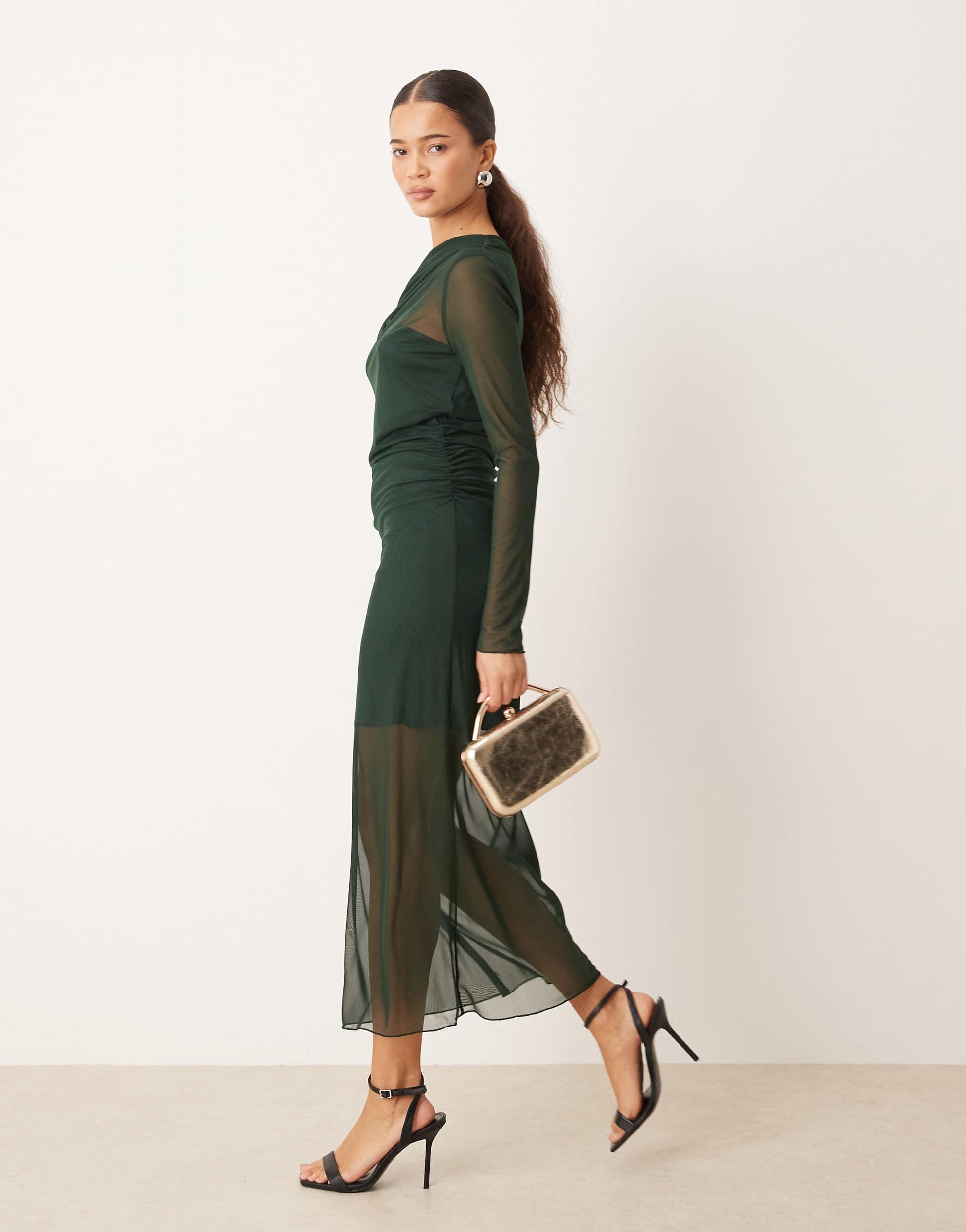 Mango Asymmetric Long Sleeve Maxi Dress in Green | Lyst