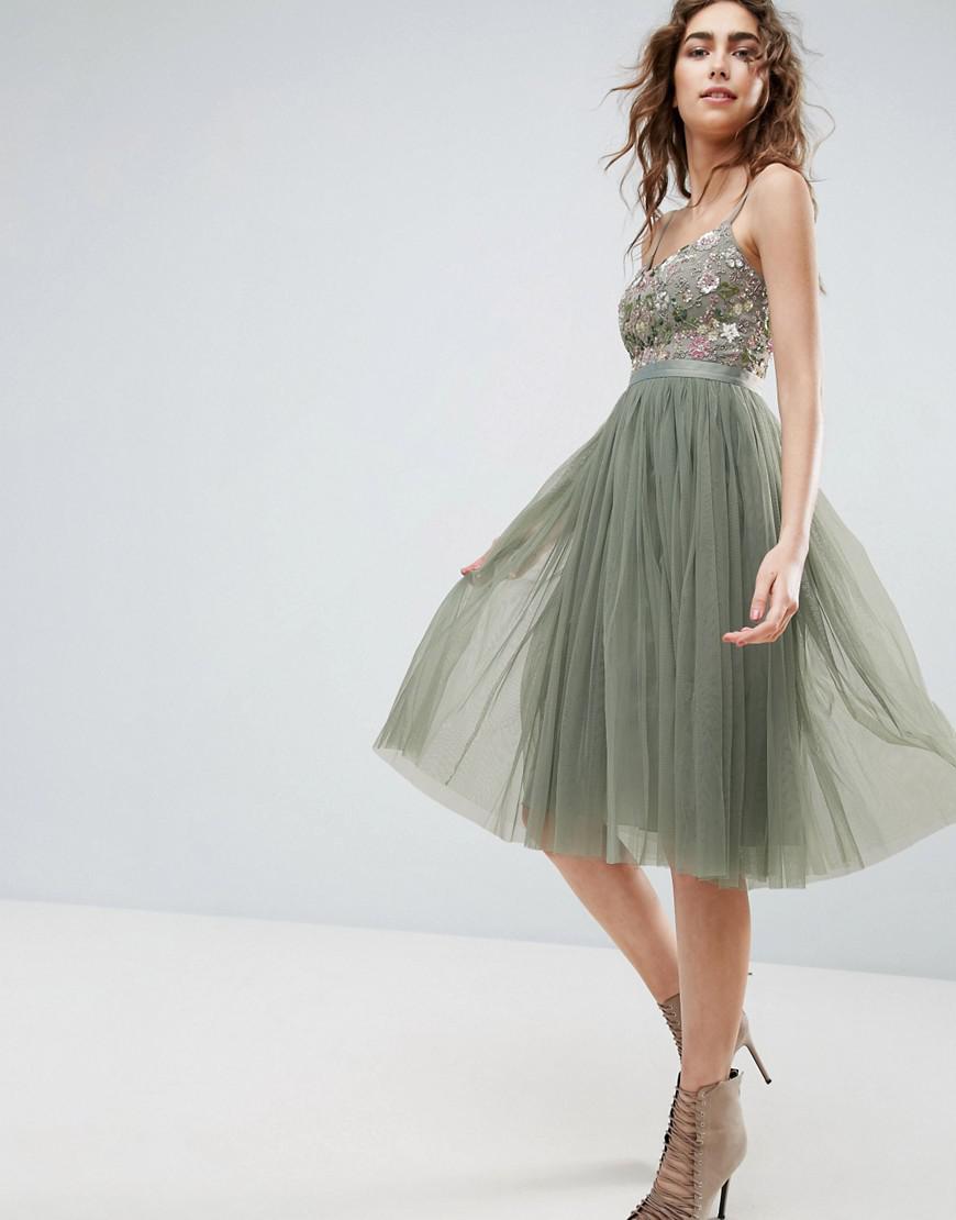 needle & thread embroidered bodice tulle skater dress in rose