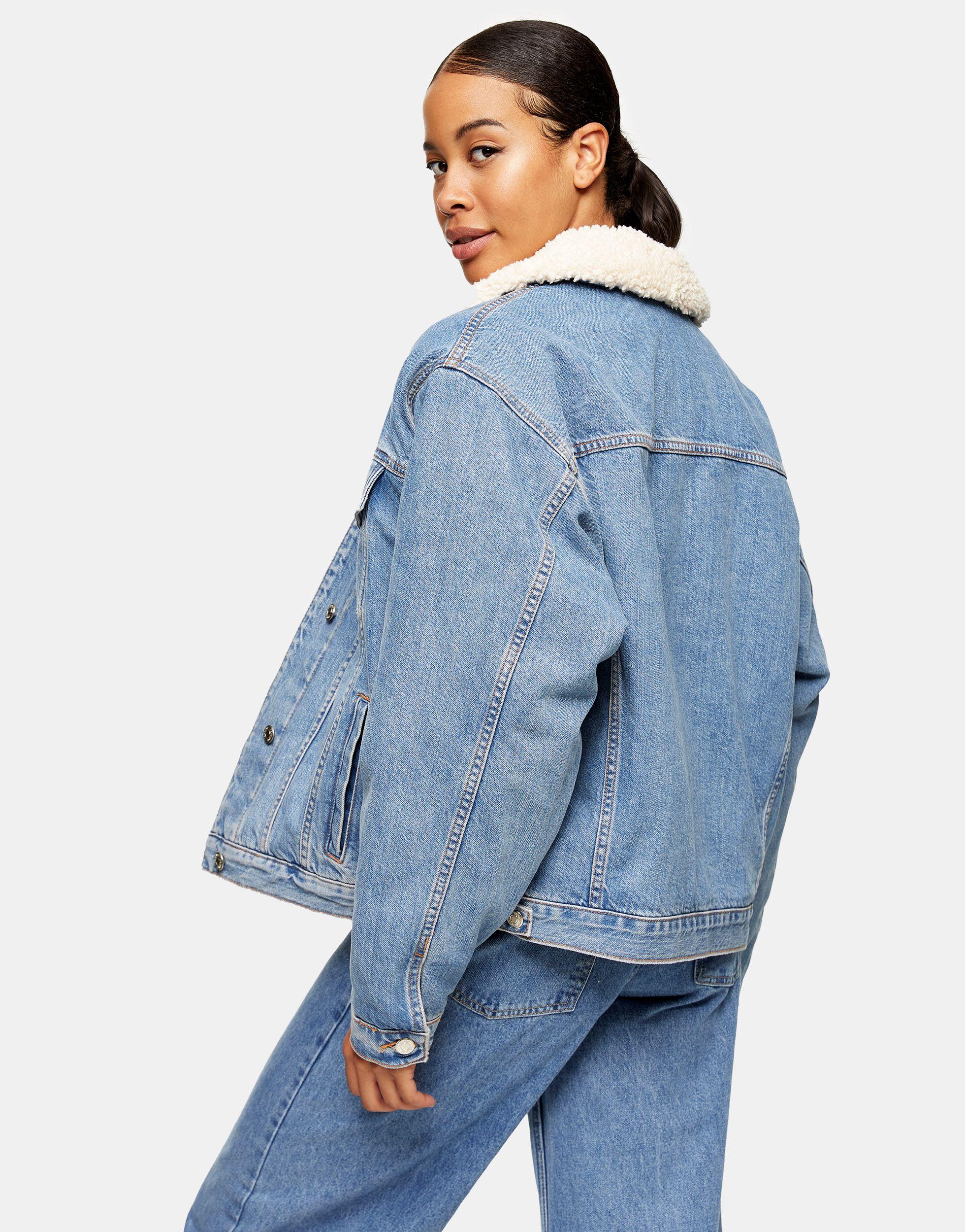 TOPSHOP Oversized Borg Trim Cotton Denim Jacket in Blue | Lyst Australia