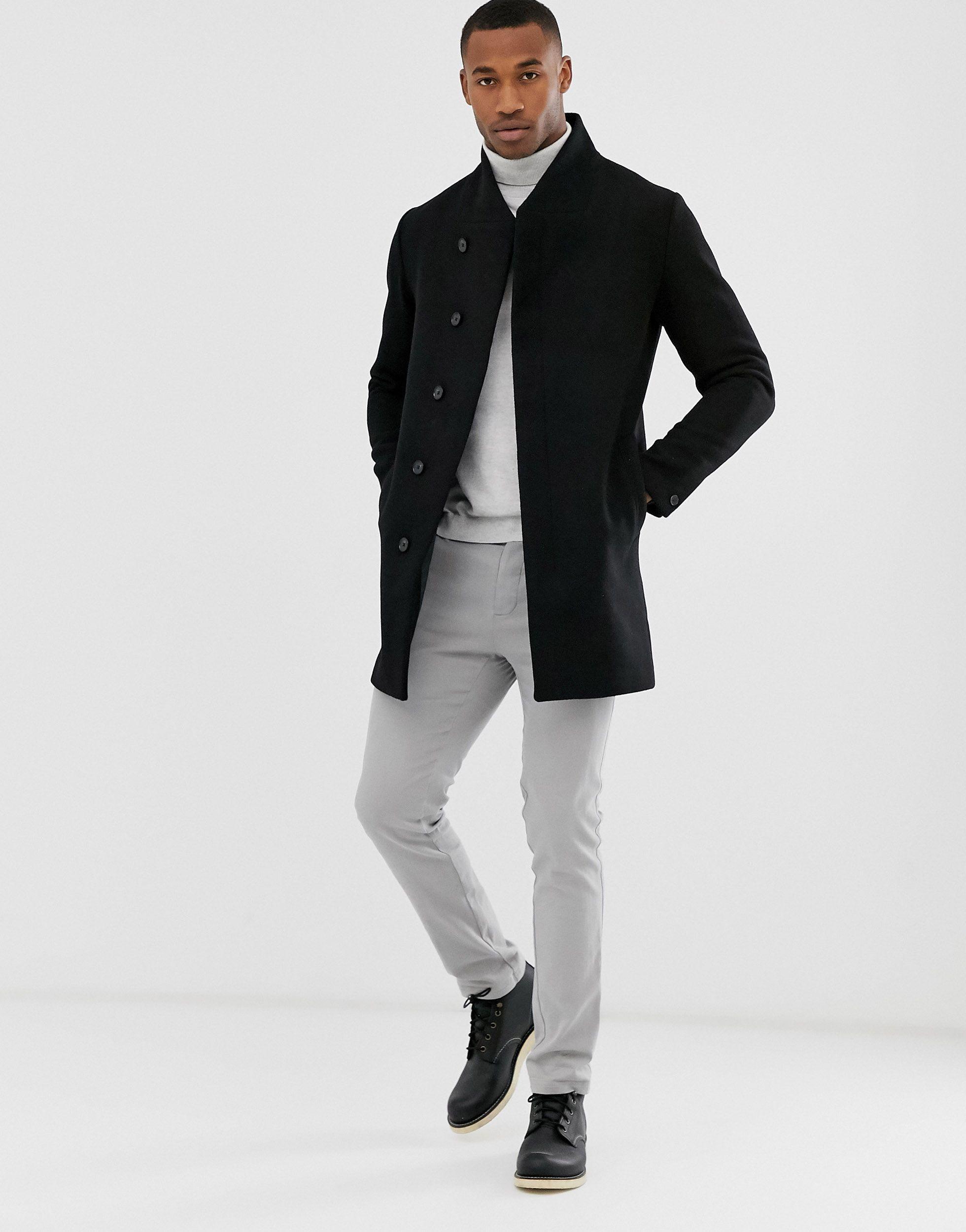 Jack & Jones Premium Wool Stand Up Collar Coat in Black for Men | Lyst