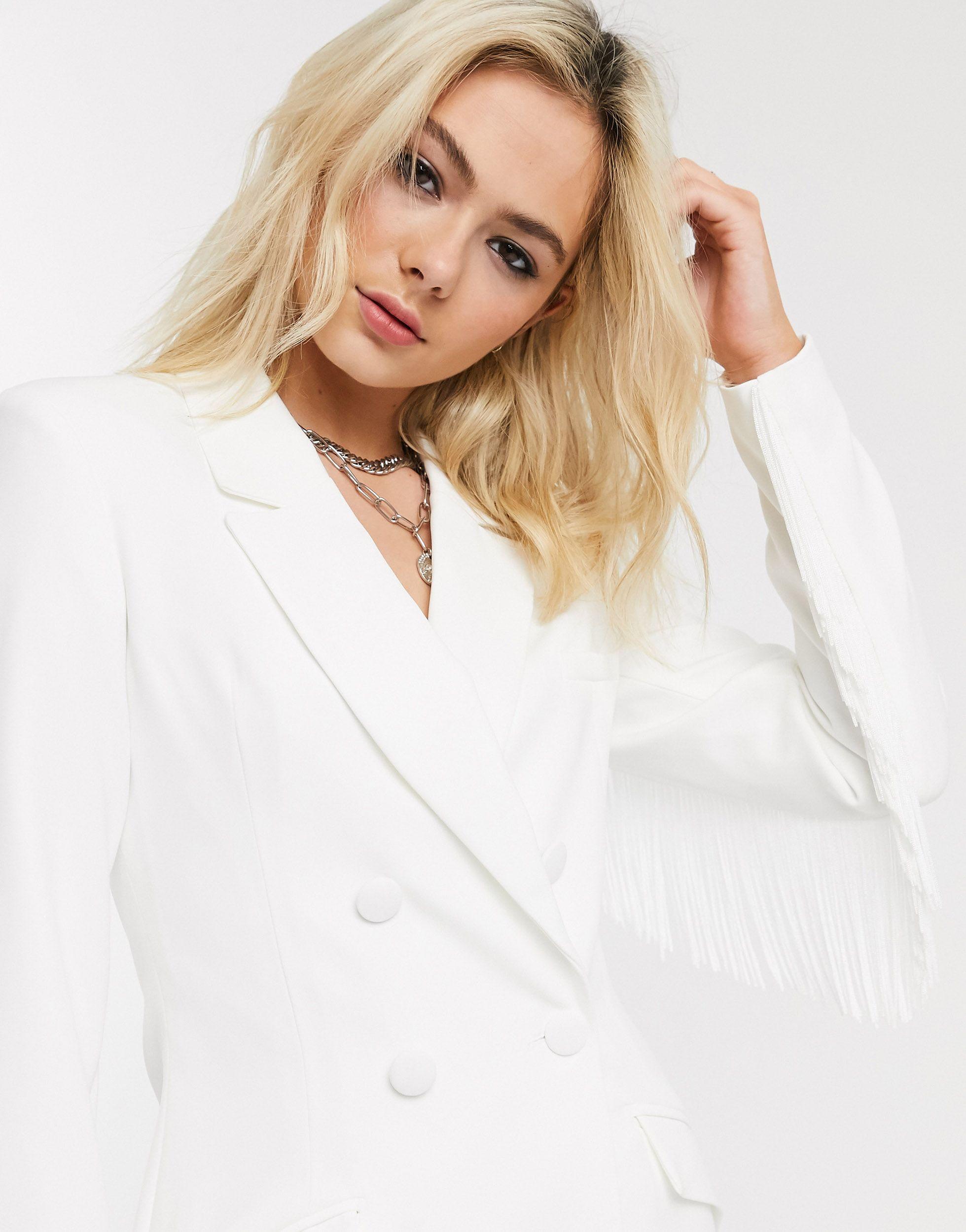 Bershka Double-breasted Blazer With Fringe in White | Lyst