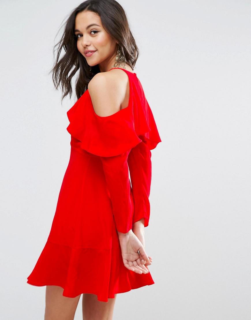 Lyst - Asos Cold Shoulder Ruffle Tea Dress in Red