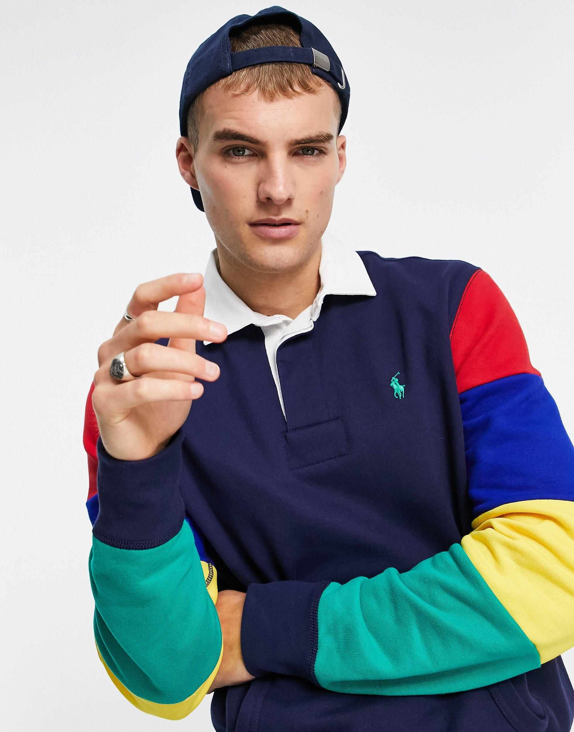 Polo Ralph Lauren Contrast Collar Rainbow Sleeve Colourblock Sweat Rugby  Polo in Blue for Men | Lyst