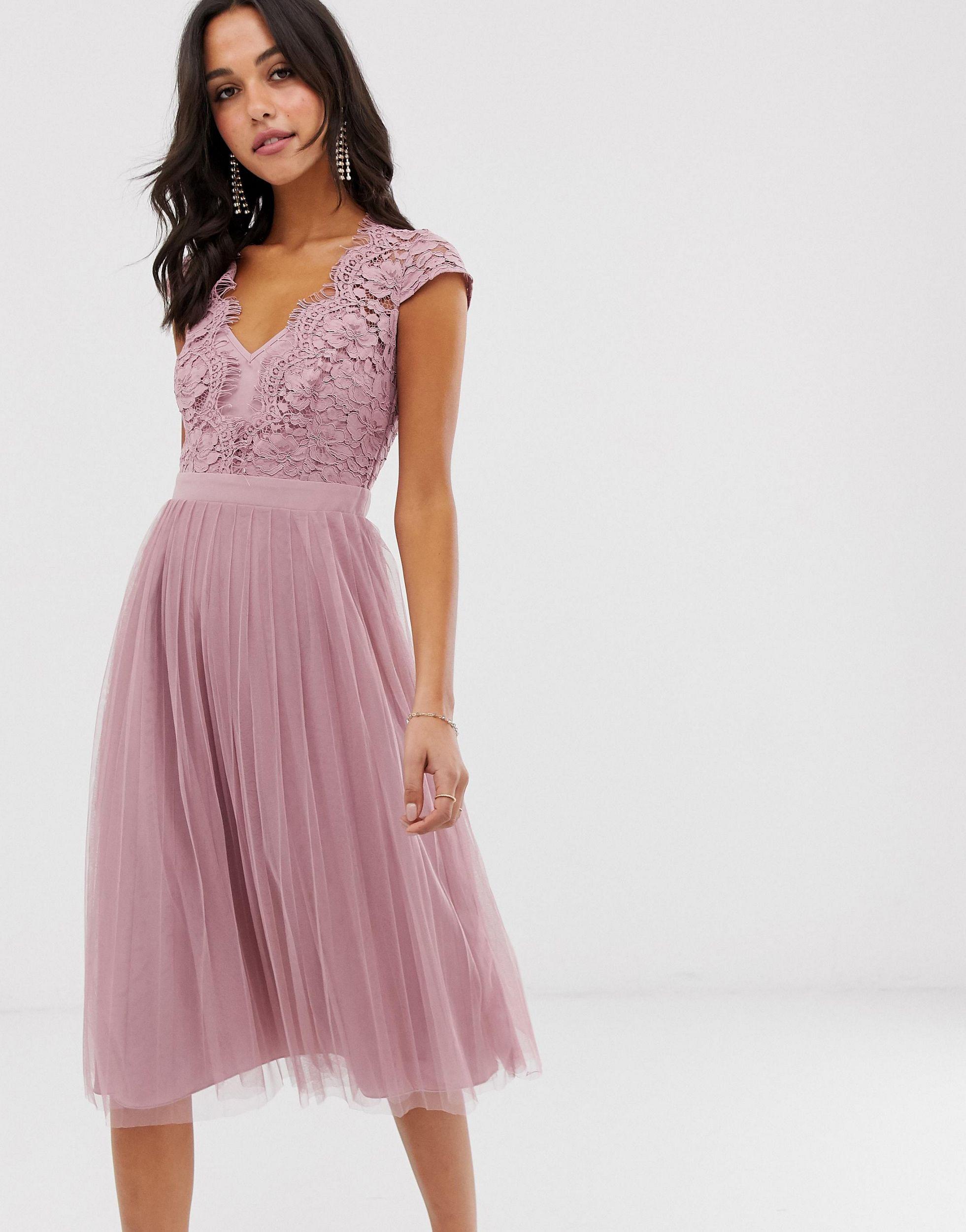 Little Mistress Capped Sleeve Lace Midi Dress With Tulle Skirt in Pink |  Lyst Canada