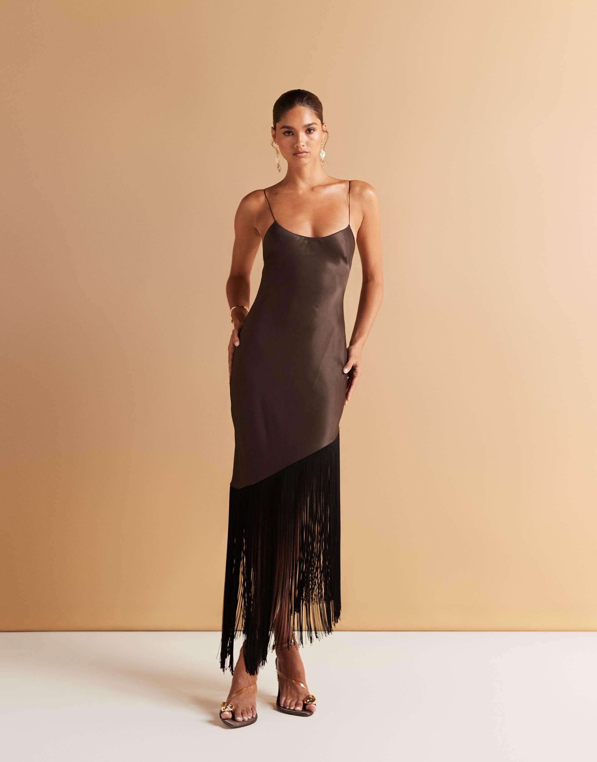 mango scoop neck satin dress with fringed hem in brown Mango Scoop Neck Satin Dress With Fringed Hem in Natural