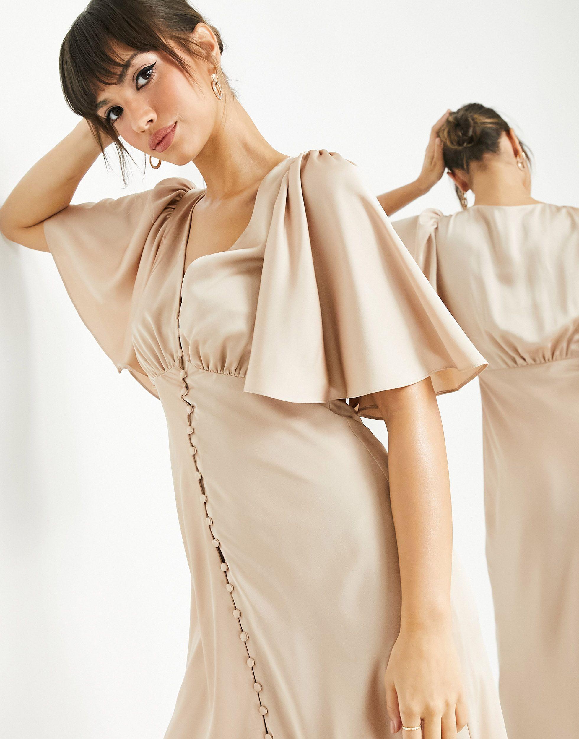 ASOS Lange Satijnen Jurk Met Fladdermouwen En Knopen Voor in het