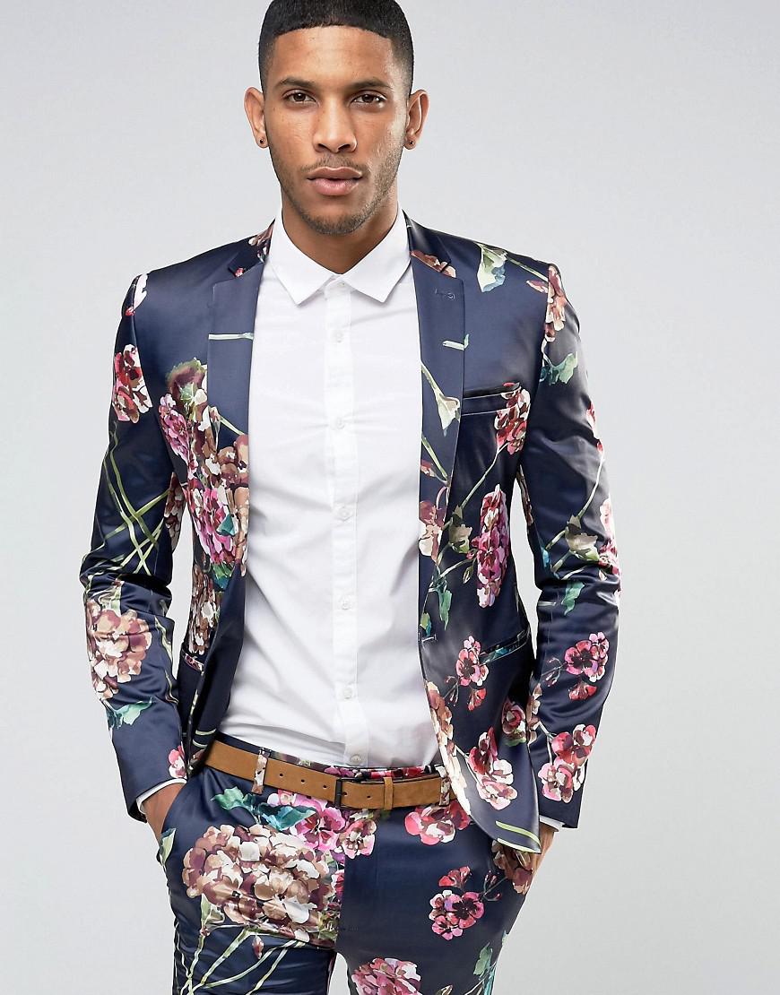 ASOS Cotton Super Skinny Suit Jacket In Navy Floral Print in Blue for ...