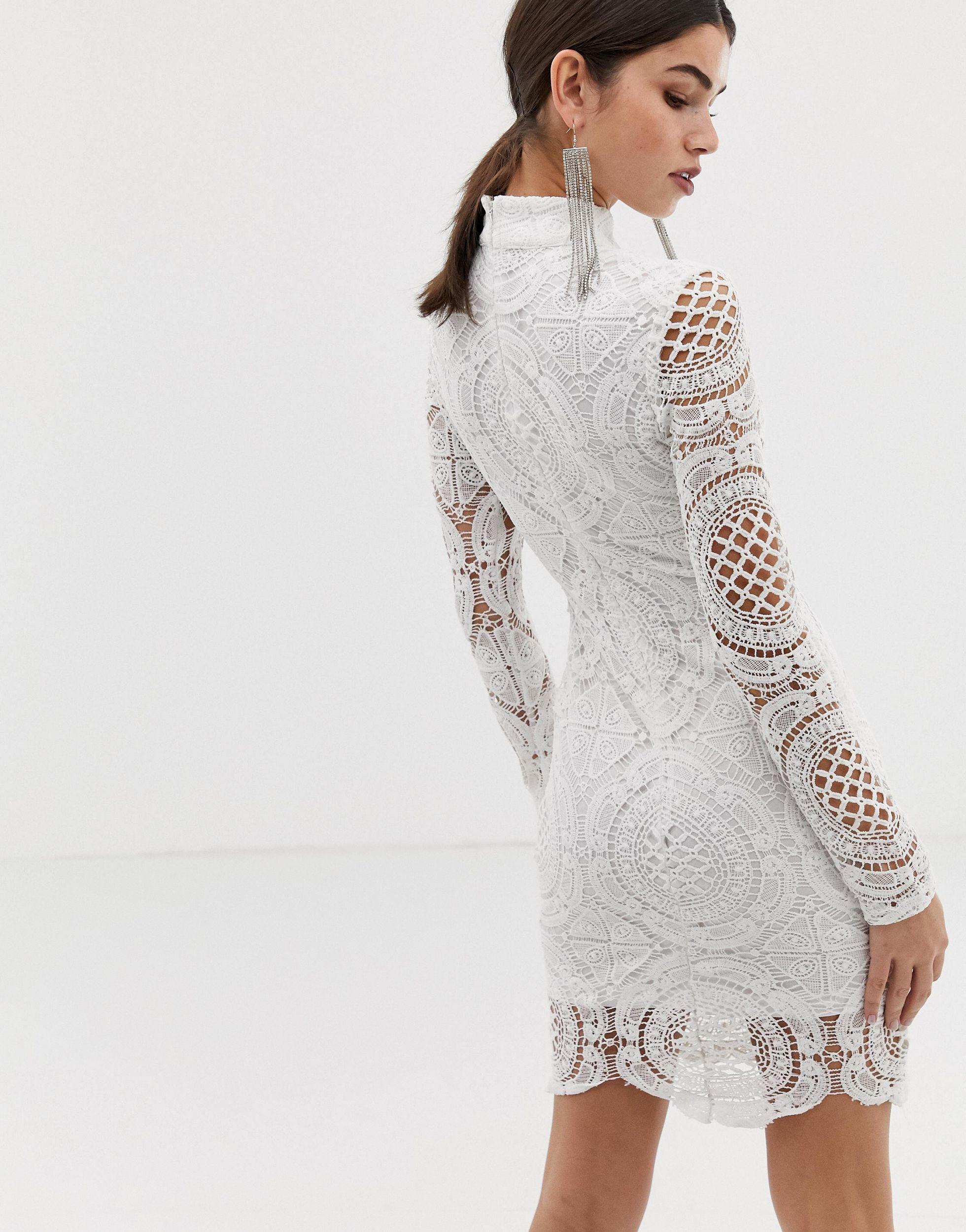 Forever Unique High Neck Long Sleeve Lace Mini Dress in White | Lyst