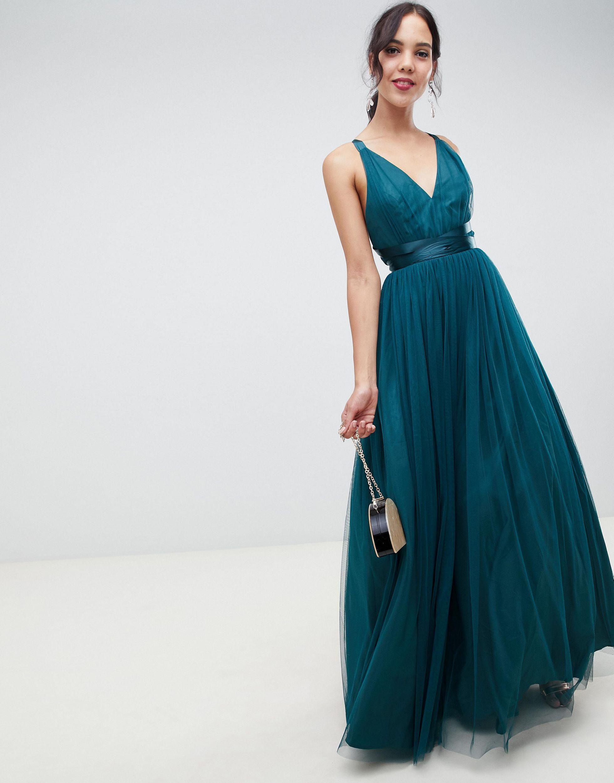 premium tulle maxi prom dress with ribbon ties