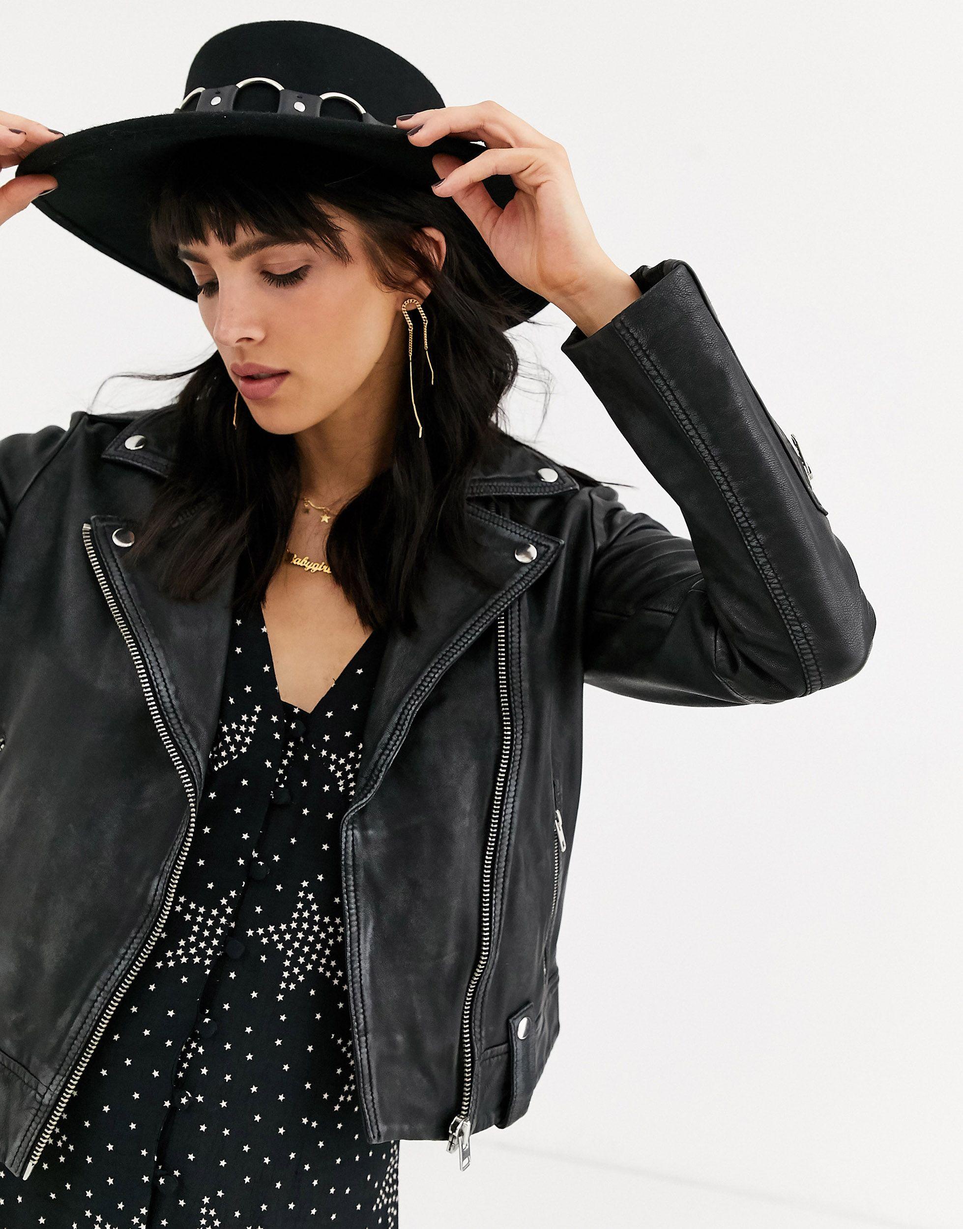 TOPSHOP Classic Real Leather Biker Jacket in Black | Lyst