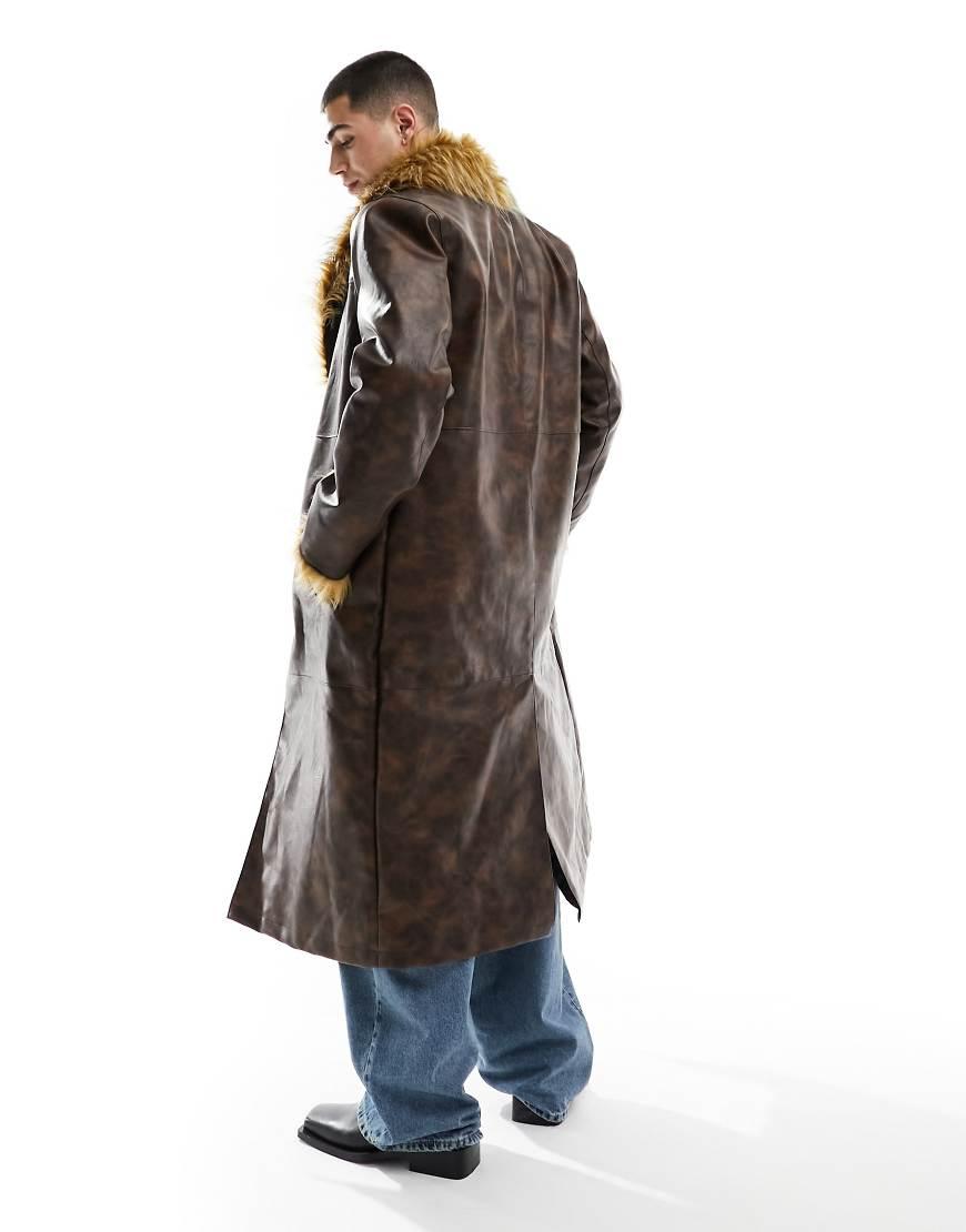 Reclaimed vintage Longline Leather Look Trench Coat With Faux Fur Trims in Blue for Men Lyst UK