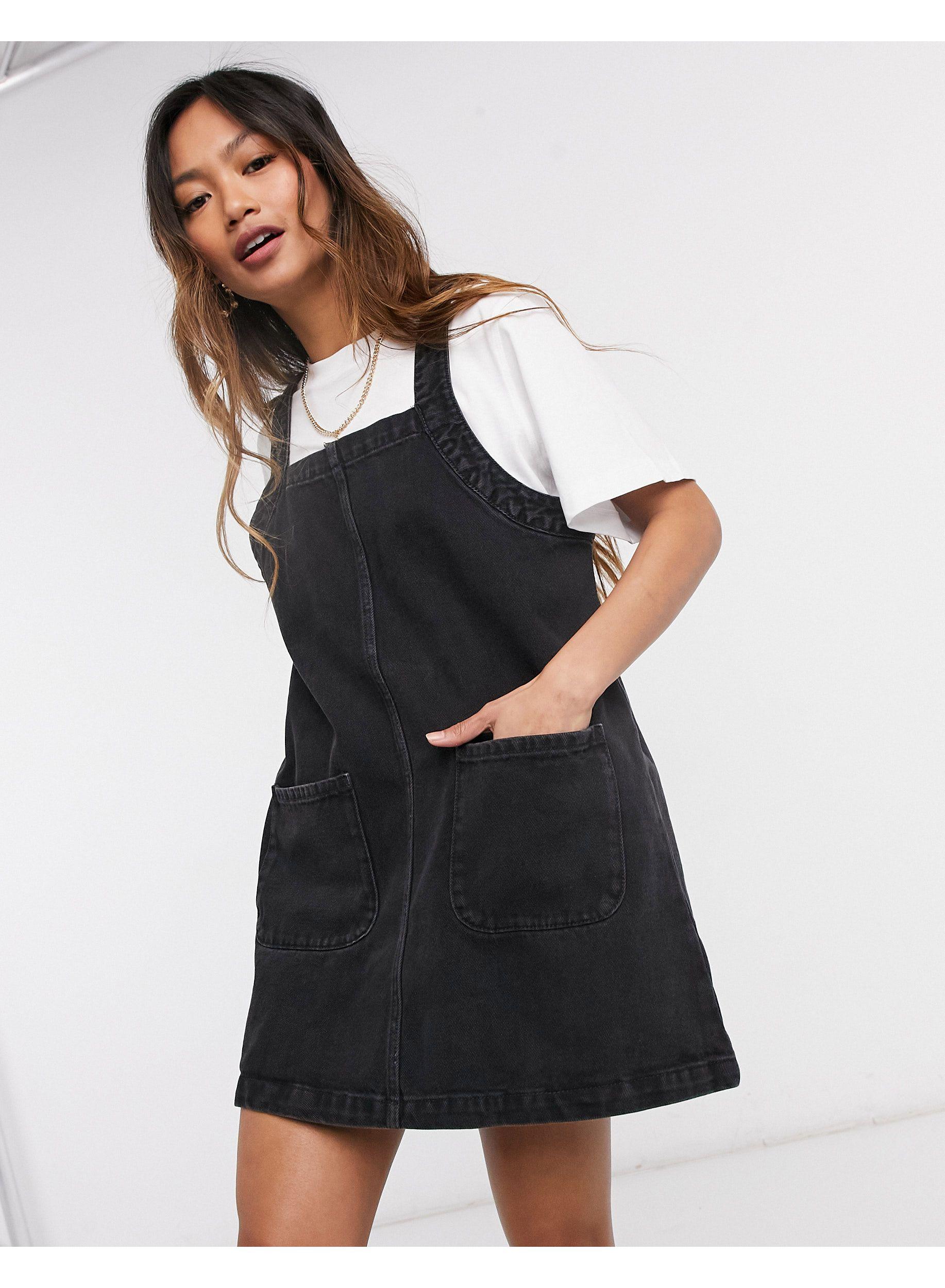 Monki Pinafore Dress in Black | Lyst