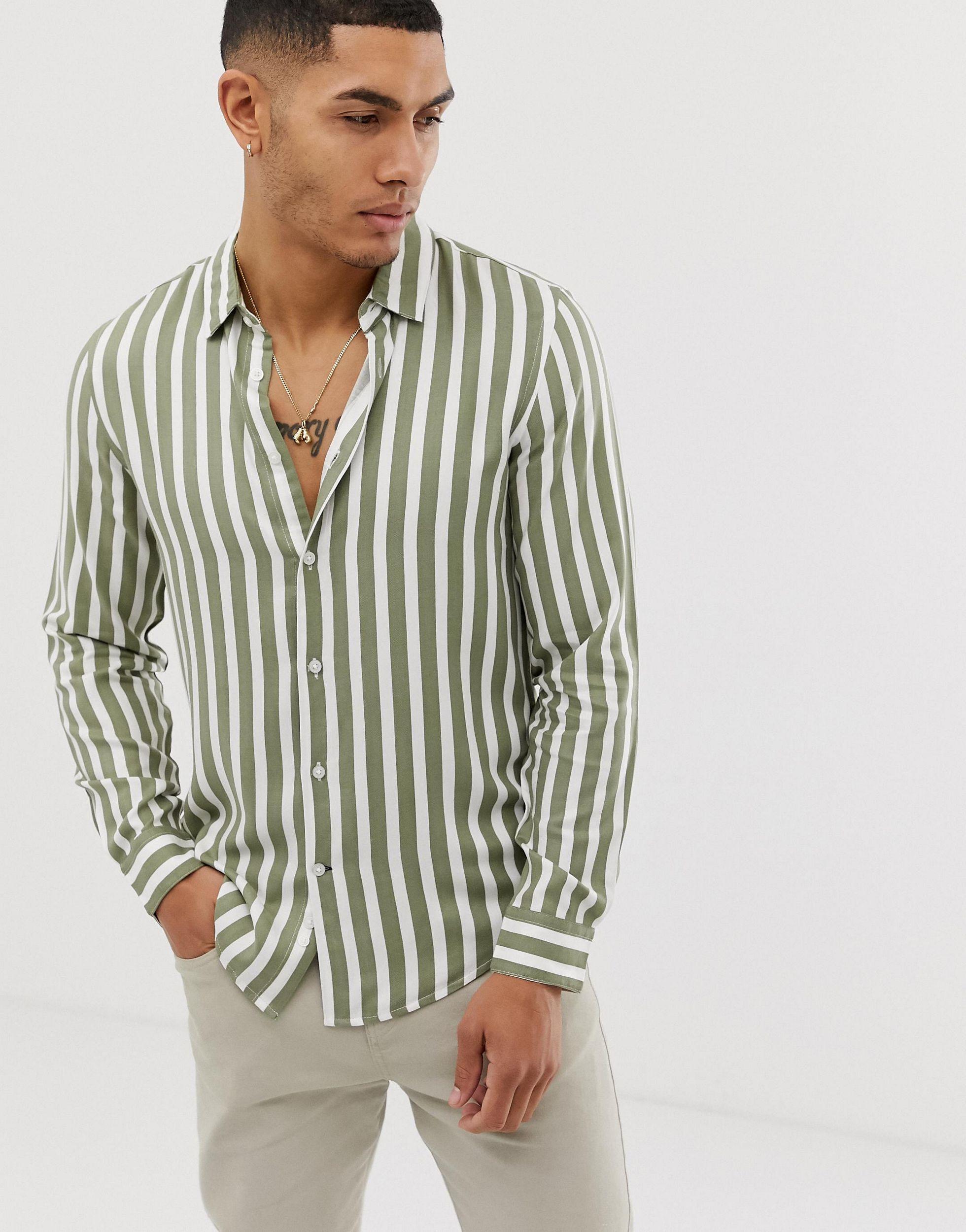 Bershka Denim Vertical Striped Shirt in Green for Men - Lyst