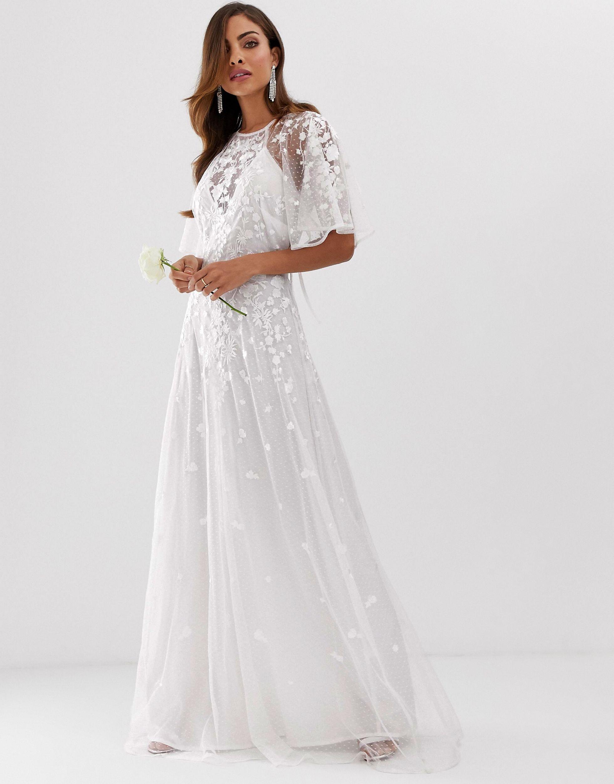 ASOS Synthetic Wedding Floral Embroidered Dobby Mesh Flutter Sleeve Maxi  Dress in White | Lyst Canada