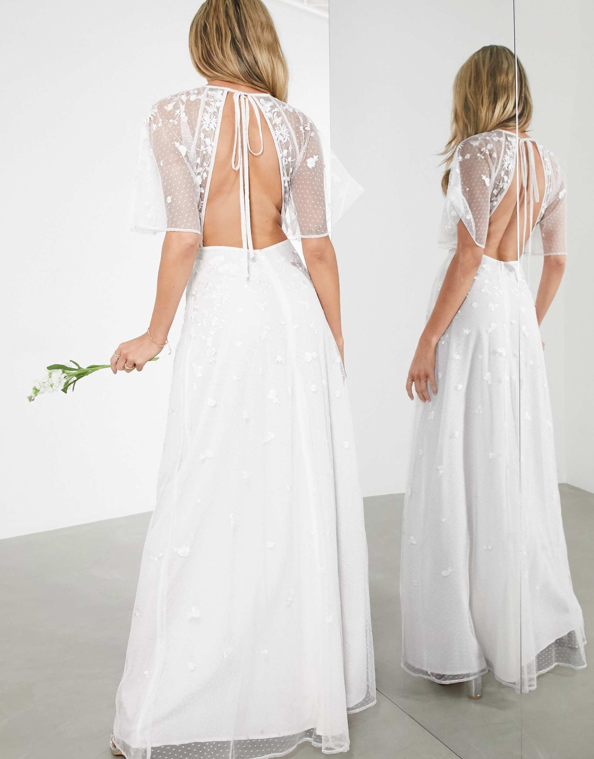 asos edition embroidered & beaded flutter sleeve wedding dress Blue Floral Corset A-line Homecoming Dress with Tie Shoulders – Ohmollydress main image 1