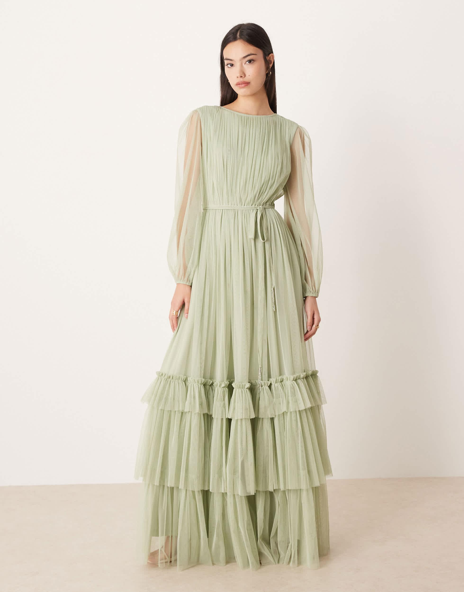 LACE & BEADS Bridesmaid Crew Neck Sheer Sleeve Tiered Maxi Dress in Natural