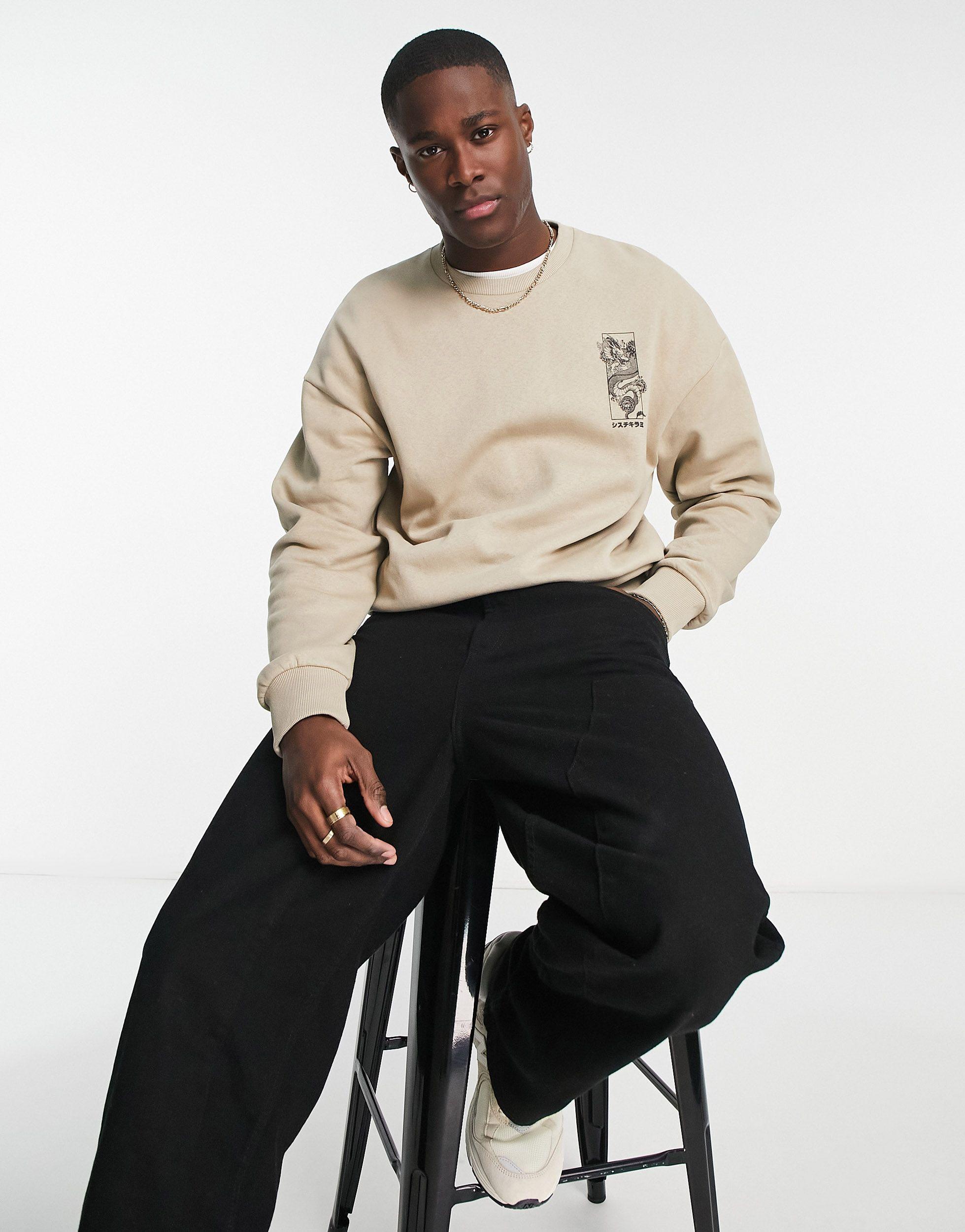 Jack u0026 Jones Originals Oversized Sweat With Dragon Back Print in Natural  for Men | Lyst