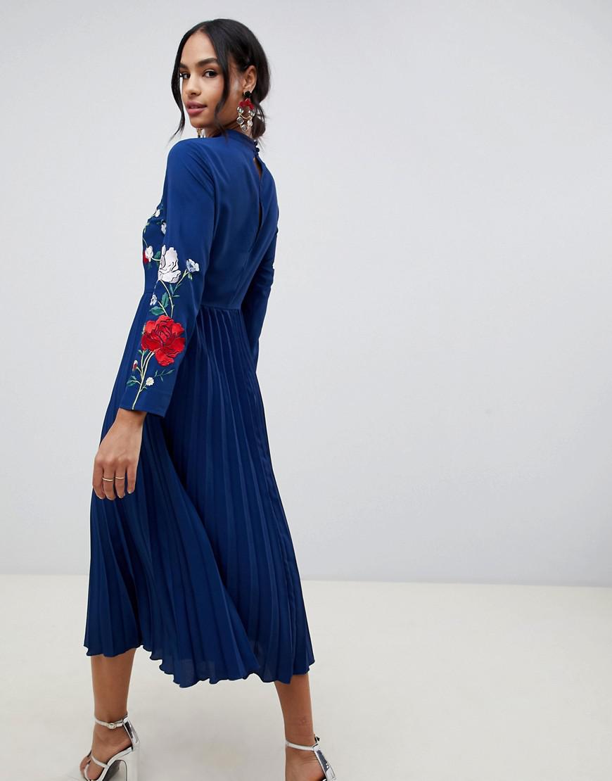 ASOS Pleated High Neck Midi Dress With Embroidery in Blue | Lyst
