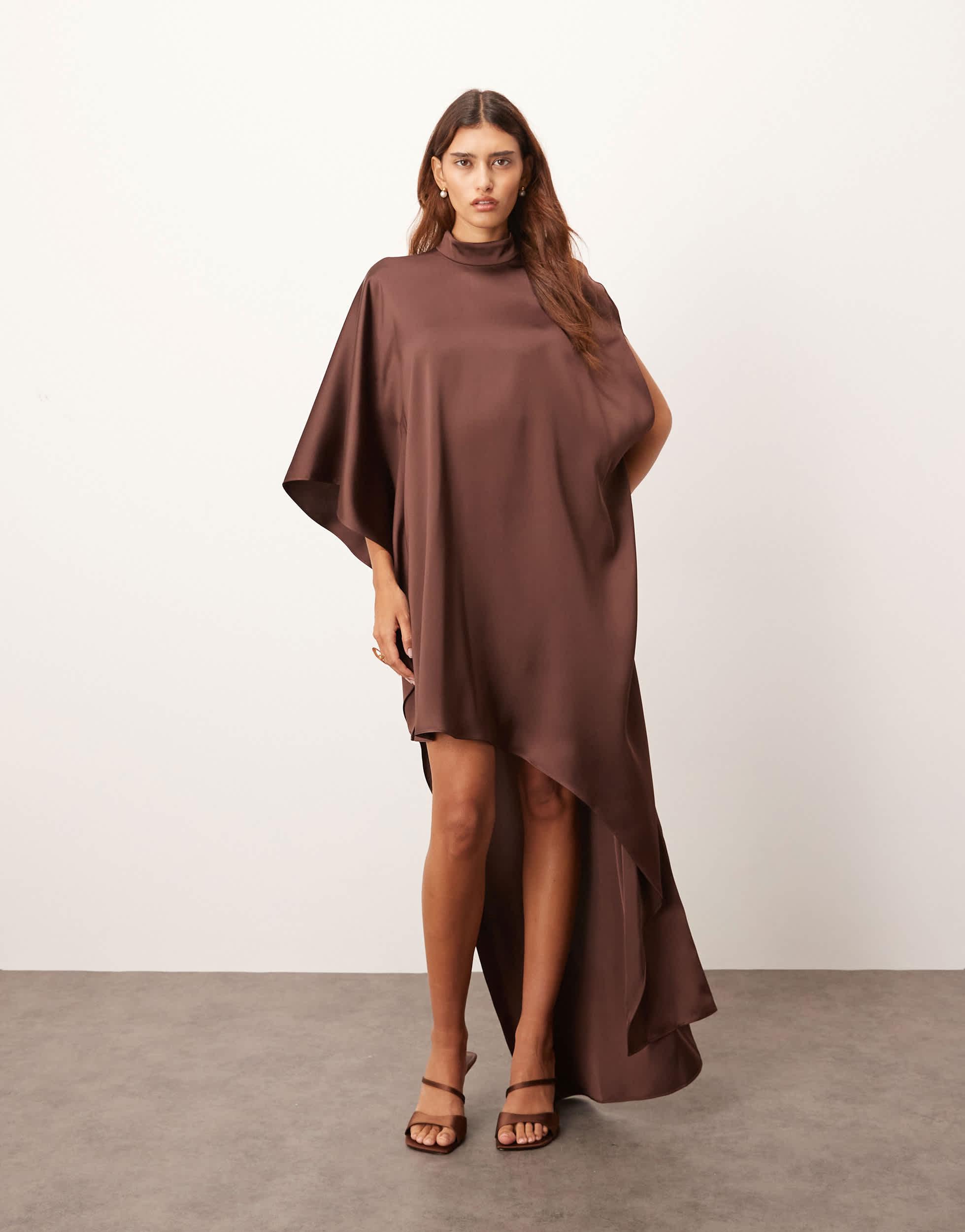 ARRANGE High Neck Cape Sleeve Mini Dress With Asymmetric Hem in Brown | Lyst