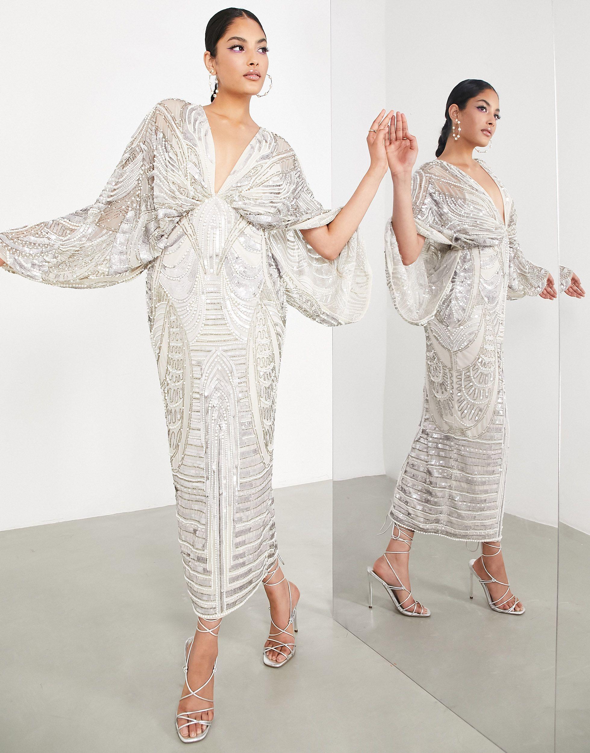 ASOS Kimono Sleeve Midi Dress With Sequin & Pearl Embellishment in Natural  | Lyst