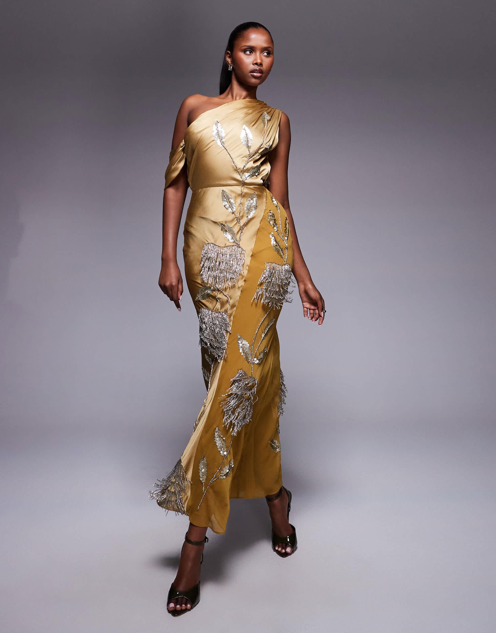 asos yellow floral maxi dress ASOS DESIGN Tall off the shoulder bias maxi dress with ruffles in yellow floral print