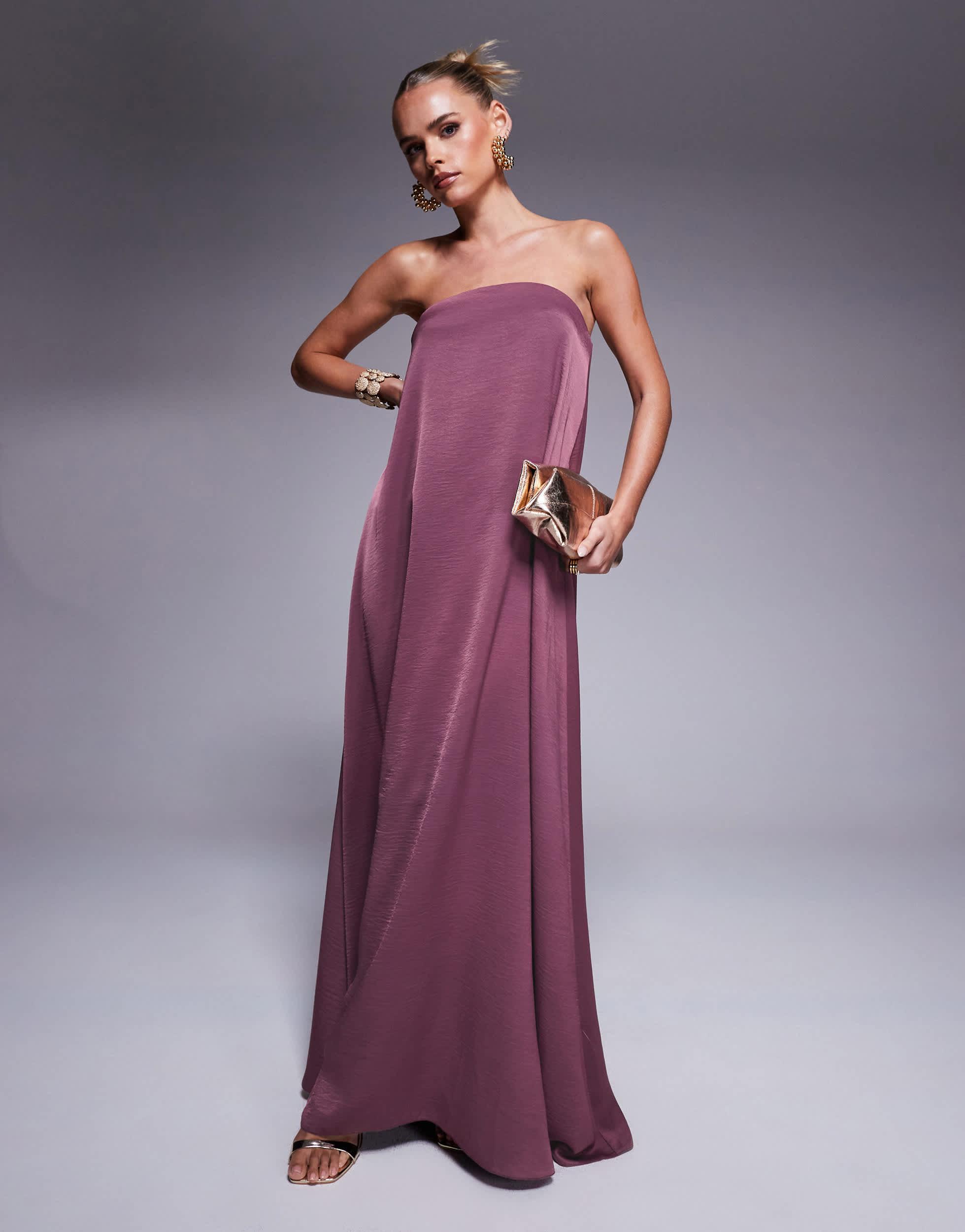 ASOS Asos Design Petite Bandeau Trapeze Satin Maxi Dress in Purple | Lyst