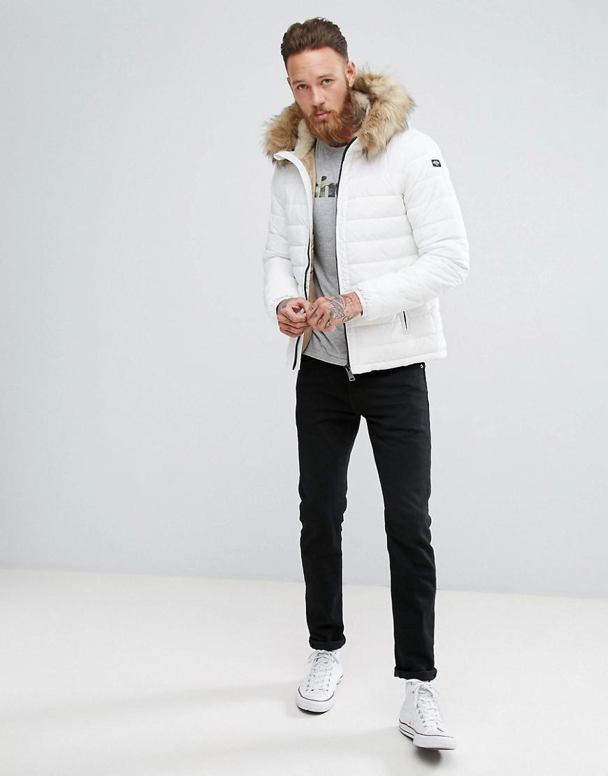 Schott Nyc Rocky 2 Puffer Bomber Hooded Detachable Faux Fur Trim Slim Fit  In White for Men | Lyst